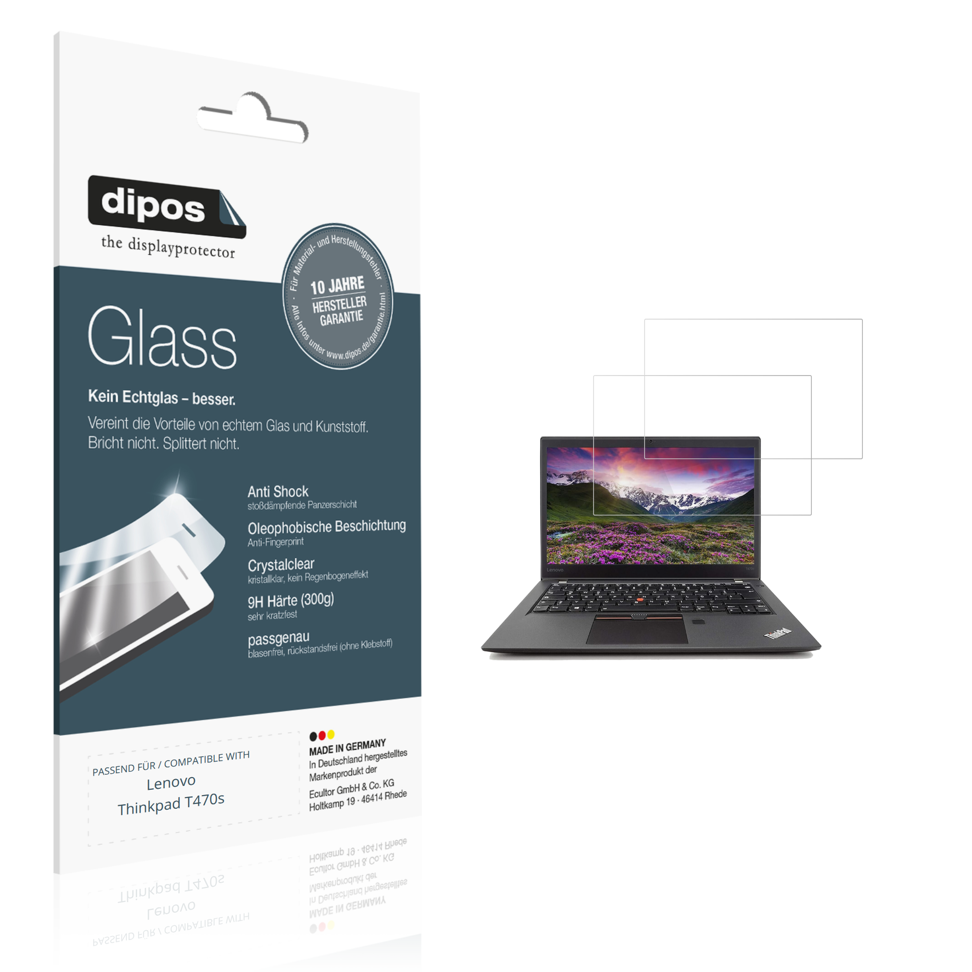 Klare Displayschutzfolie von dipos passend für Lenovo Thinkpad T470s, 9H kratzfest und blasenfrei montiert