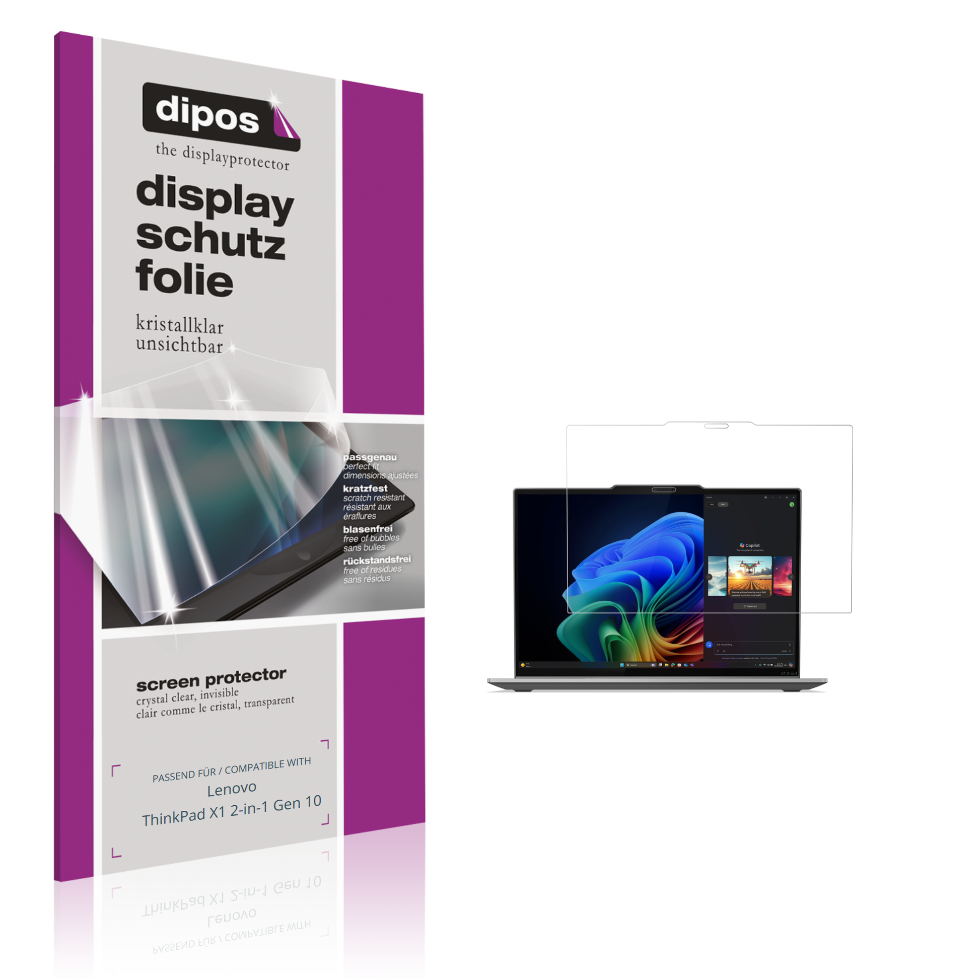 Klare Displayschutzfolie von dipos passend für Lenovo ThinkPad X1 2-in-1 Gen 10, präziser Zuschnitt und blasenfrei montiert