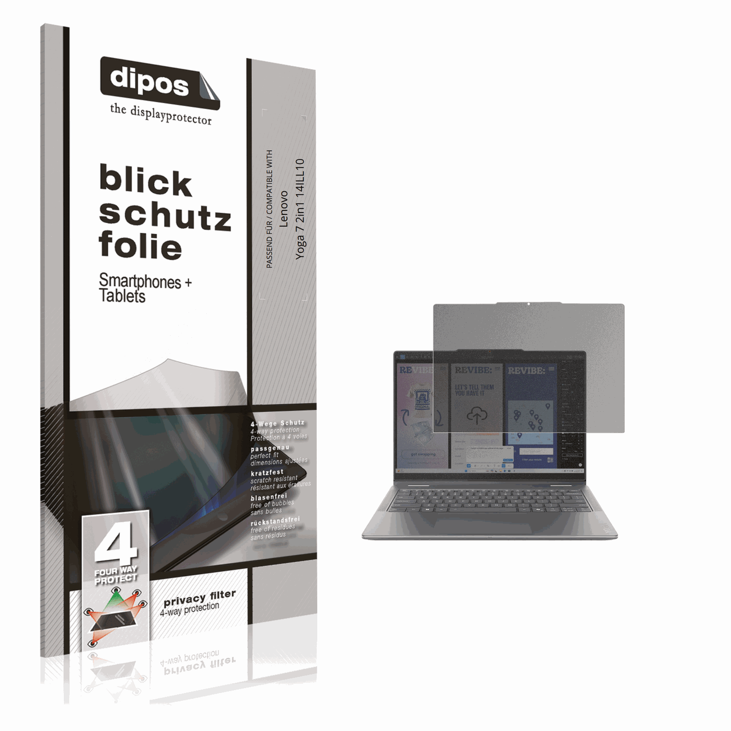 Blickschutzfolie von dipos passend für Lenovo Yoga 7 2in1 14ILL10, präziser Zuschnitt und blasenfrei montiert