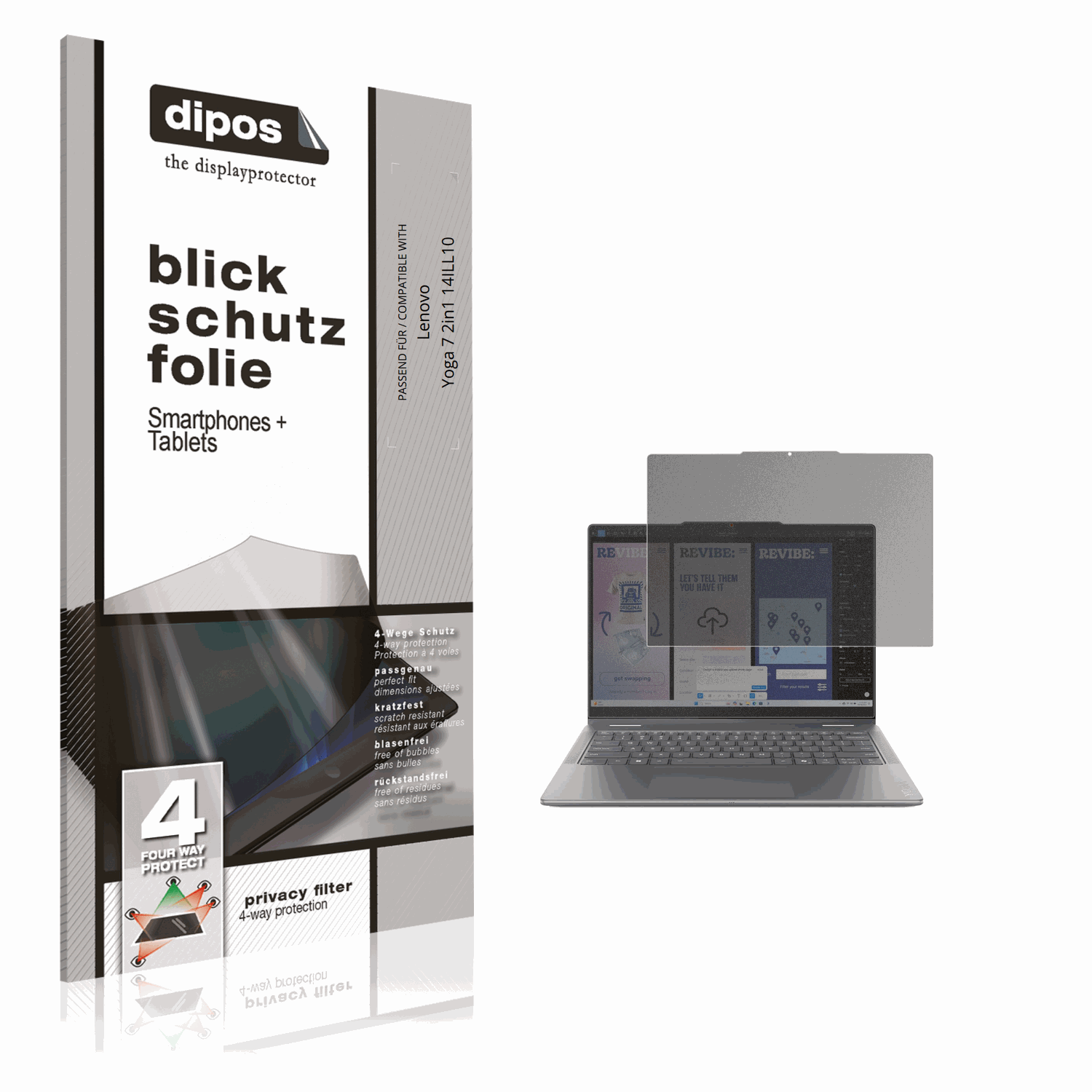 Blickschutzfolie von dipos passend für Lenovo Yoga 7 2in1 14ILL10, präziser Zuschnitt und blasenfrei montiert