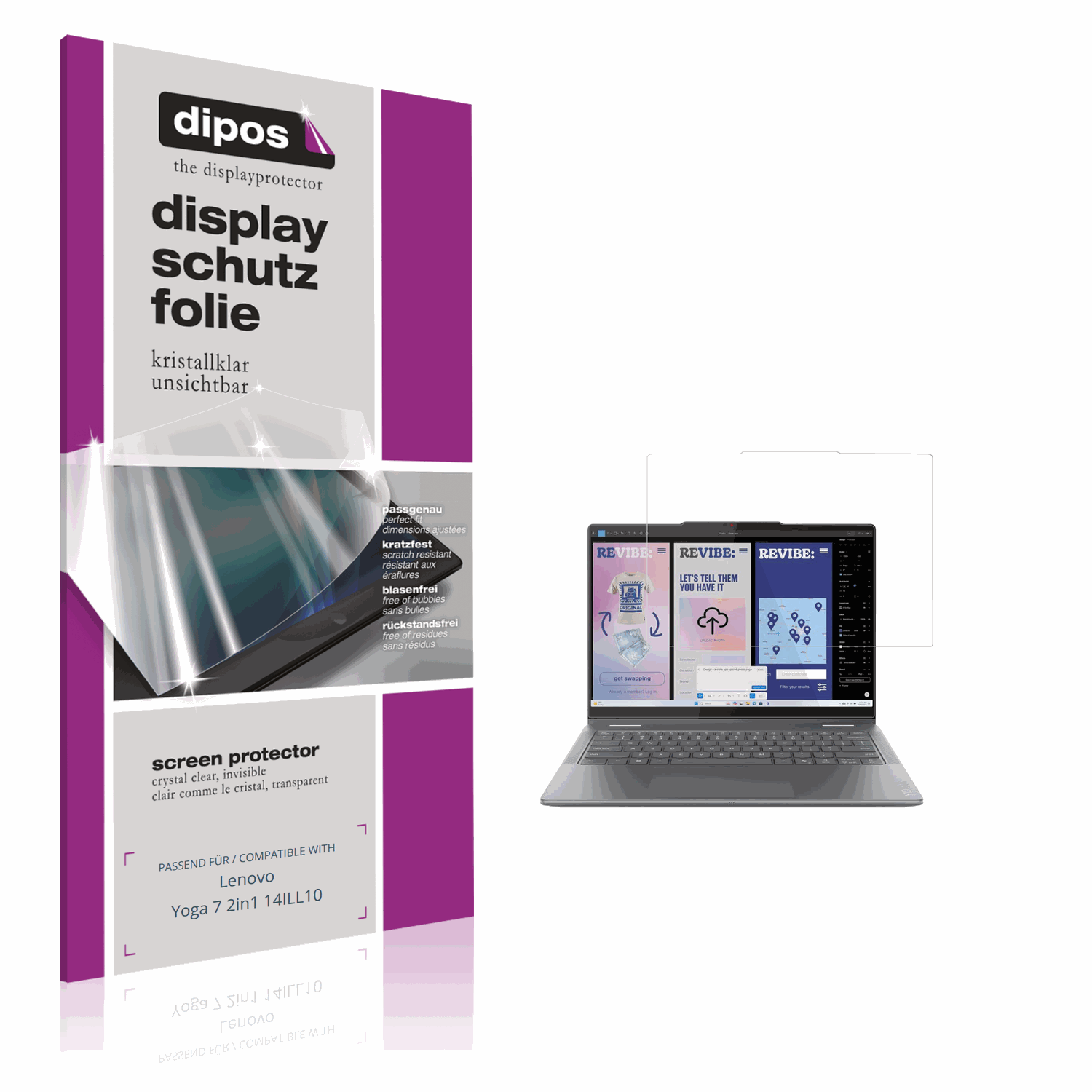 Klare Displayschutzfolie von dipos passend für Lenovo Yoga 7 2in1 14ILL10, präziser Zuschnitt und blasenfrei montiert