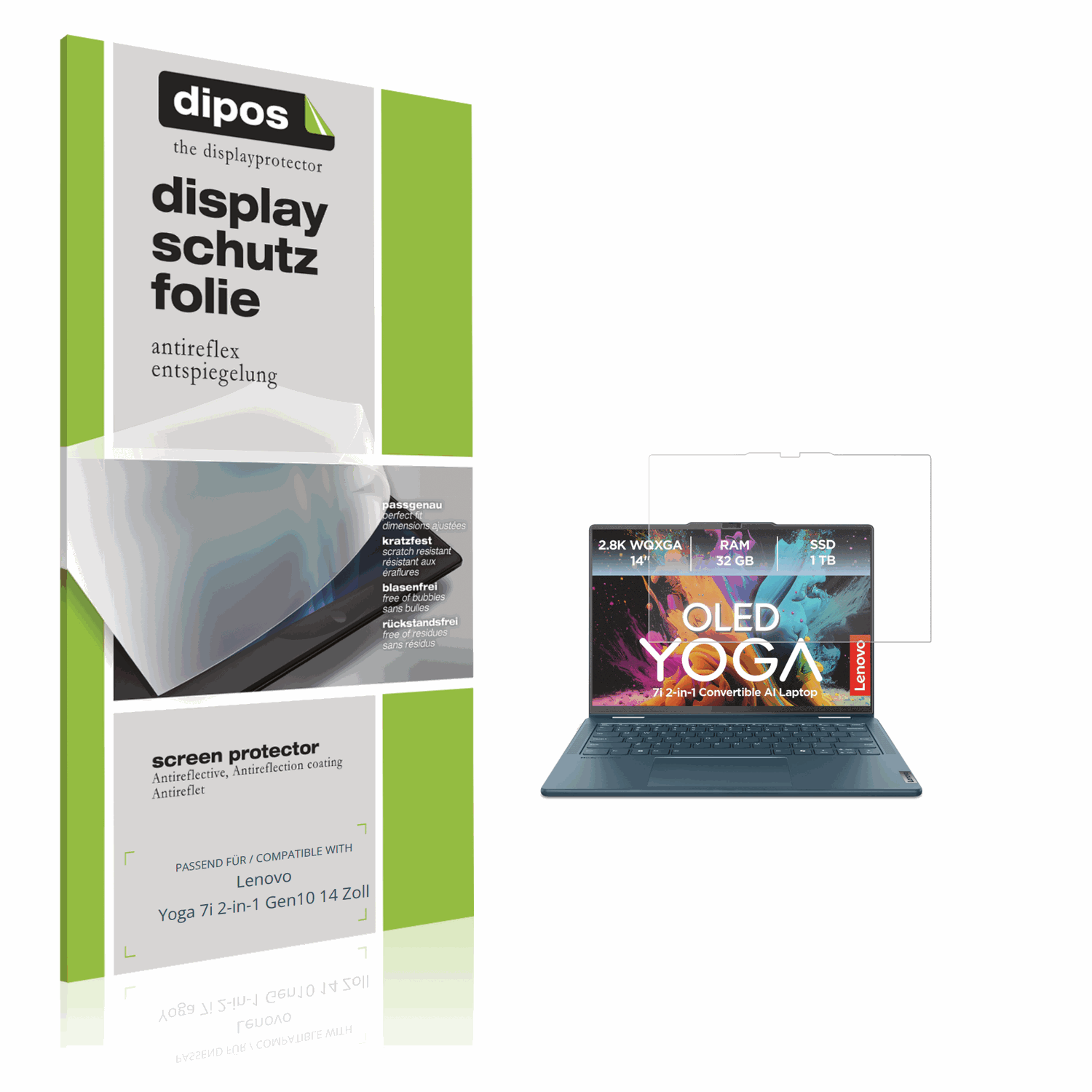 Matte Displayschutzfolie von dipos passend für Lenovo Yoga 7i 2-in-1 Gen10 14 Zoll, präziser Zuschnitt und blasenfrei montiert