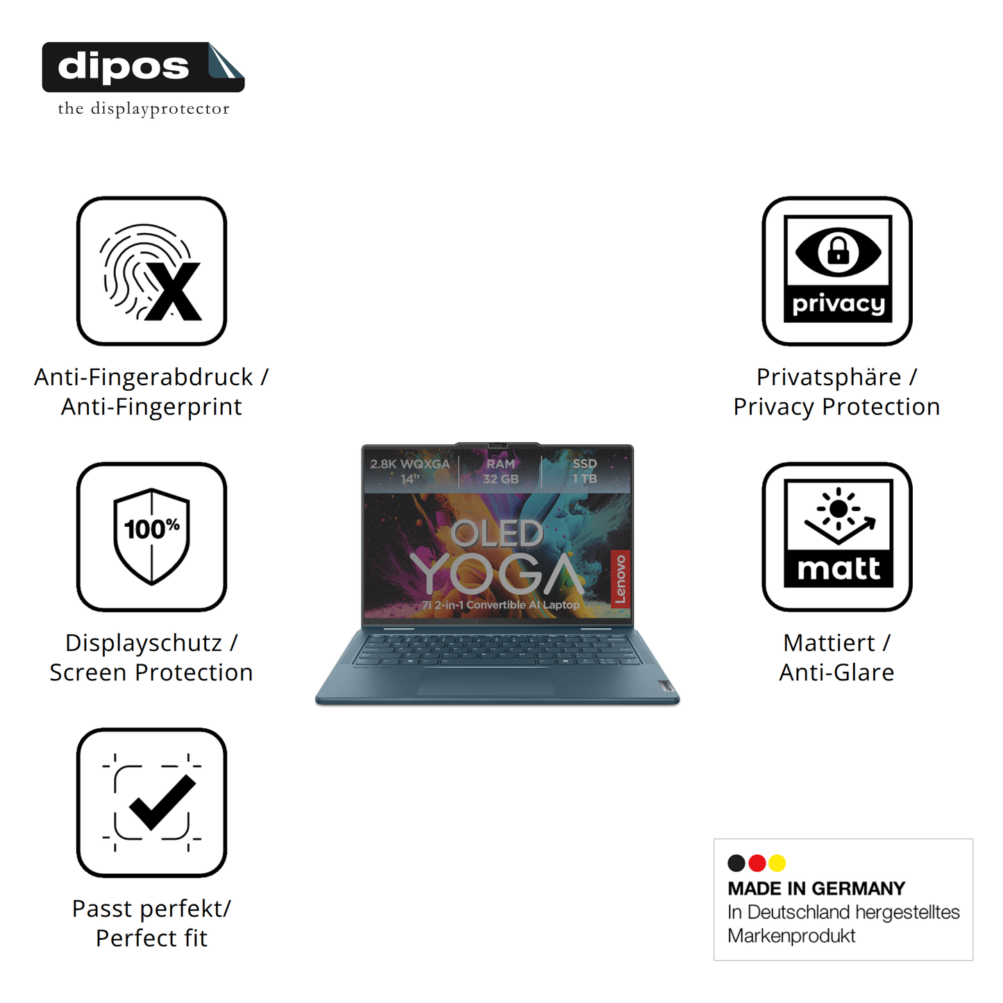 Privatsphäre-Schutz durch Sichtschutz-Folie passend zugeschnitten für Lenovo Yoga 7i 2-in-1 Gen10 14 Zoll