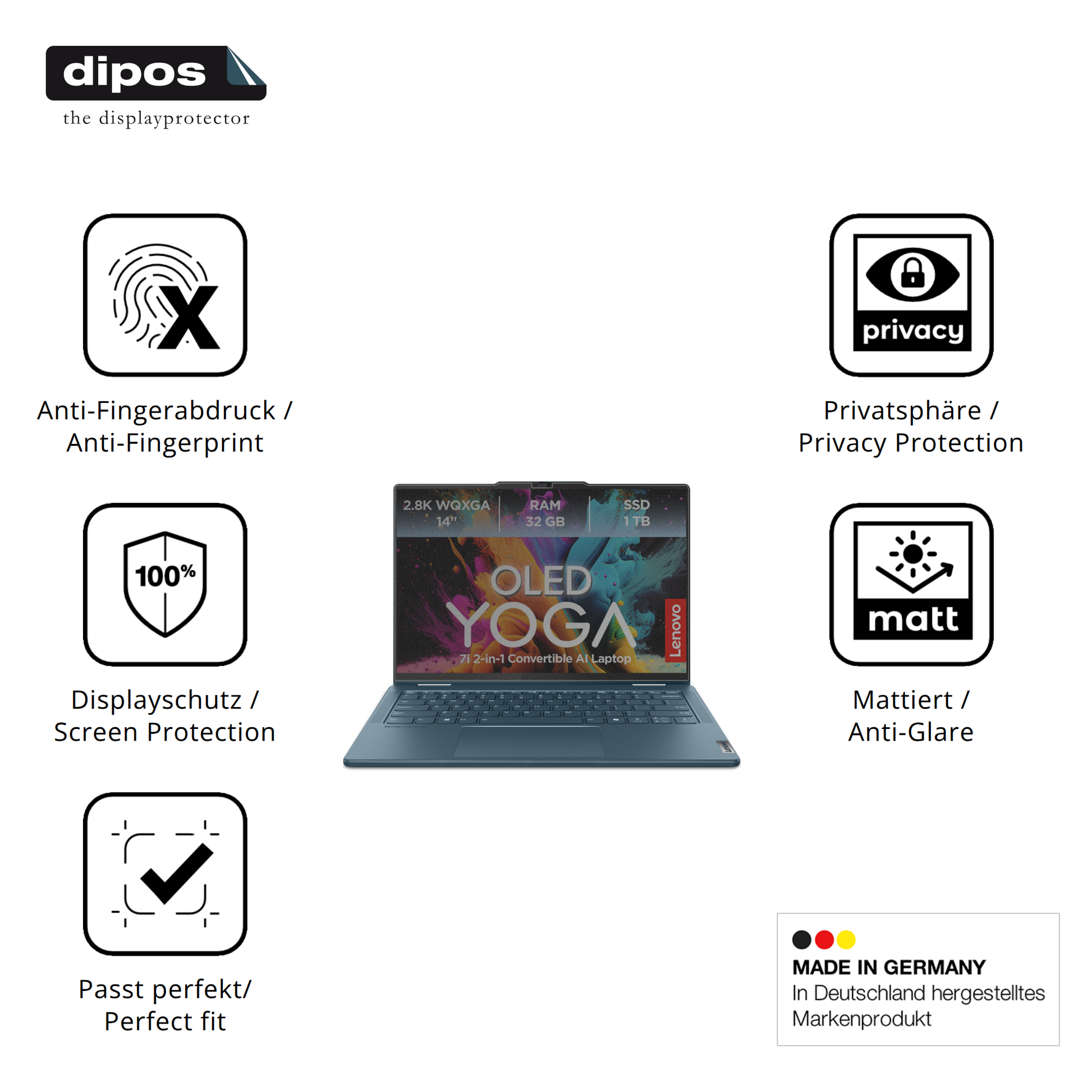 Privatsphäre-Schutz durch Sichtschutz-Folie passend zugeschnitten für Lenovo Yoga 7i 2-in-1 Gen10 14 Zoll