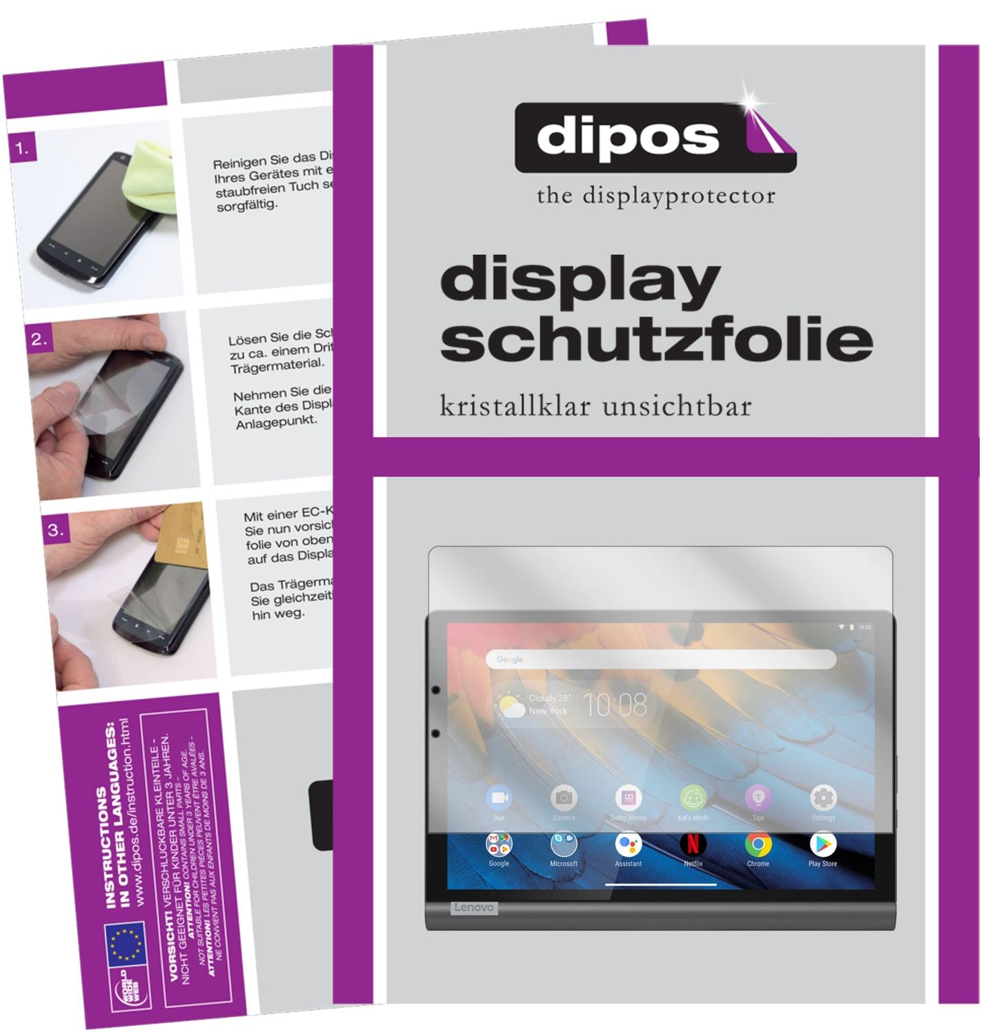 Klare Displayschutzfolie von dipos passend für Lenovo Yoga Smart Tab 10.1 YT-X705F, präziser Zuschnitt und blasenfrei montiert