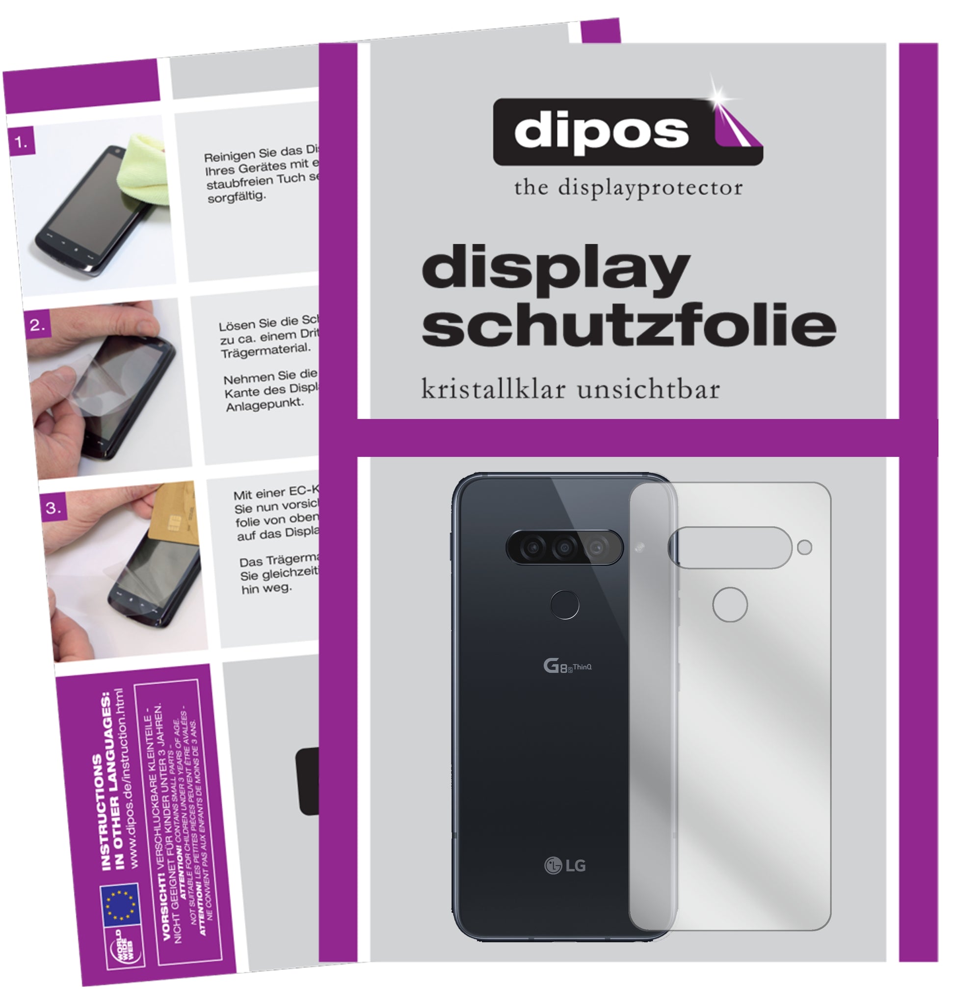 Klare Displayschutzfolie von dipos passend für LG G8s ThinQ Rückseite, präziser Zuschnitt und blasenfrei montiert