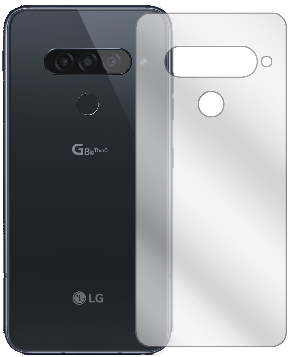 LGG8s ThinQ Rückseite mit aufgebrachter dipos Displayschutzfolie, glasklare Darstellung ohne Einschränkungen