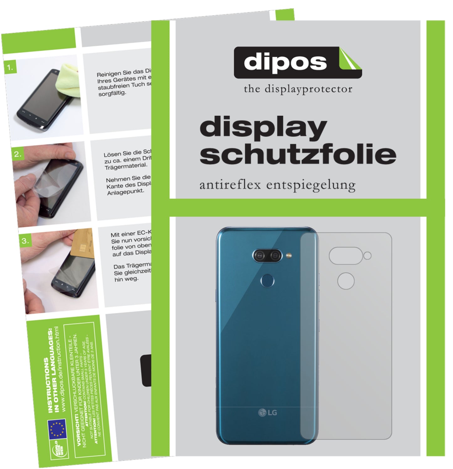 LGK50 Rückseite mit aufgebrachter dipos Displayschutzfolie, die lästige Fingerabdrücke minimiert