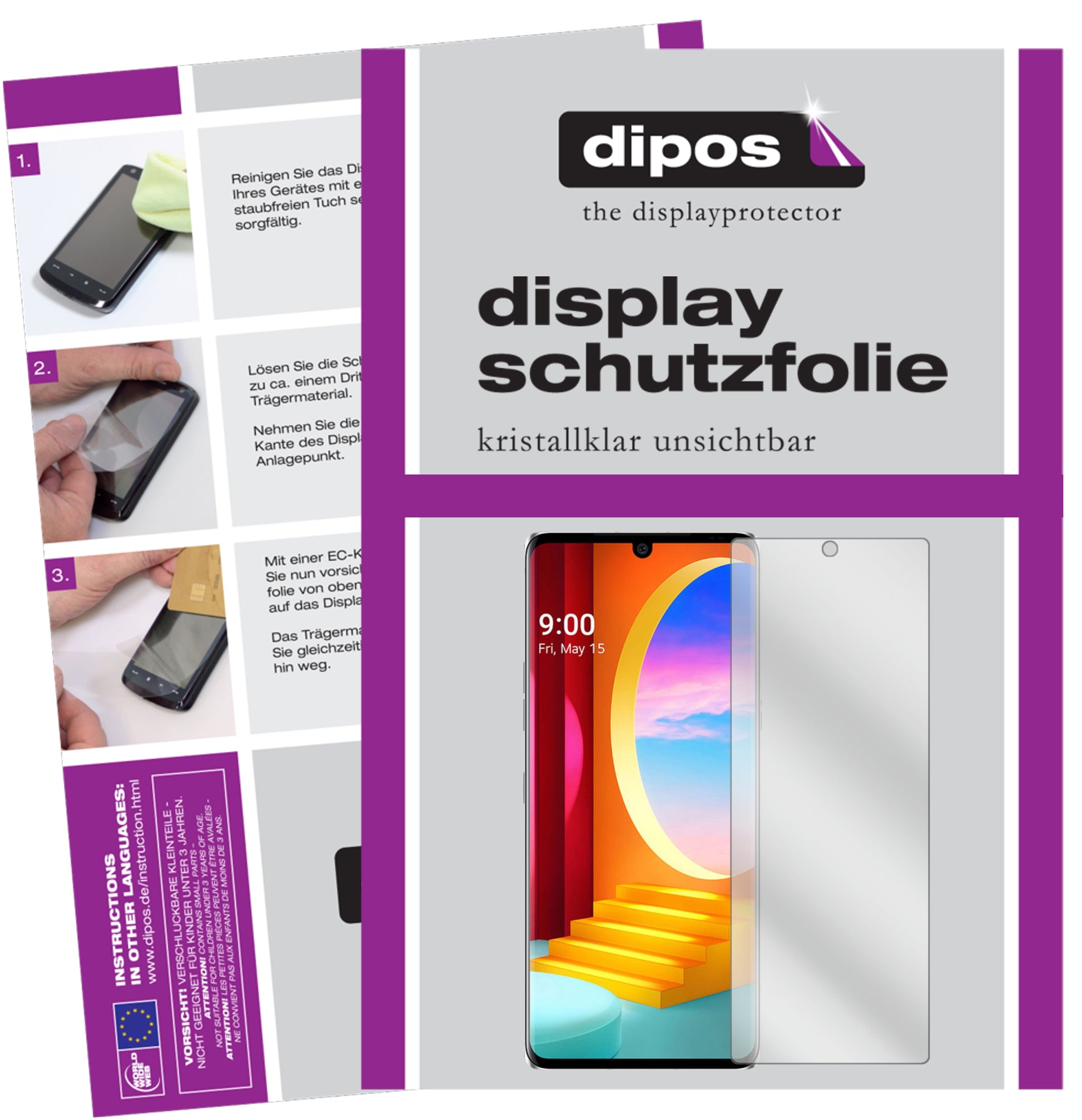 Klare Displayschutzfolie von dipos passend für LG Velvet 4G, präziser Zuschnitt und blasenfrei montiert
