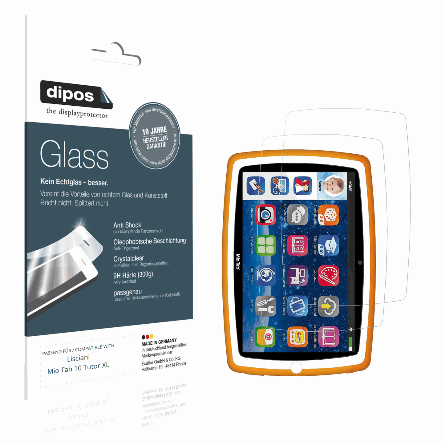 Klare Displayschutzfolie von dipos passend für Lisciani Mio Tab 10 Tutor XL, 9H kratzfest und blasenfrei montiert