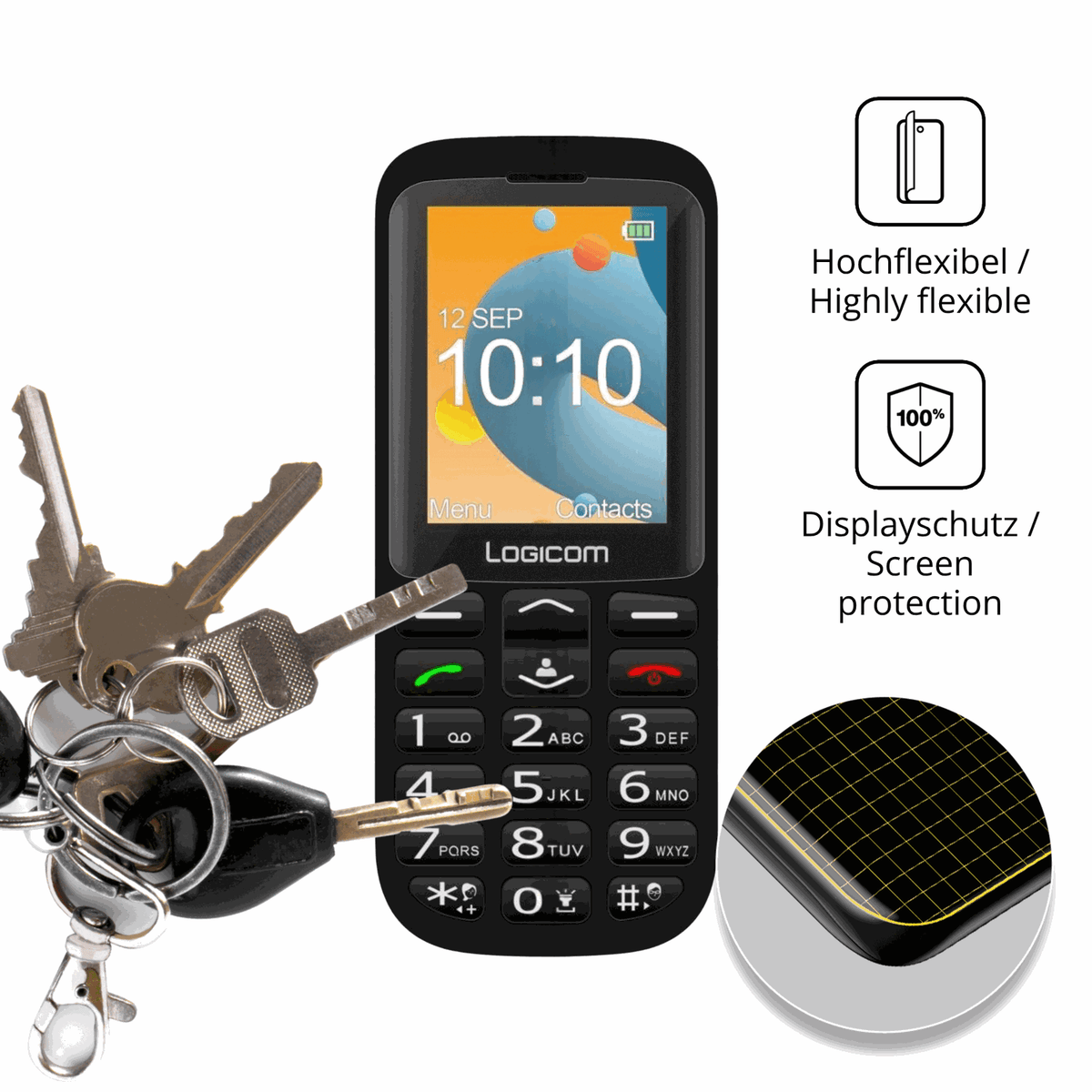 dipos Displayschutz für Logicom Posh XL, transparente Oberfläche, perfekte Passform auch für die Rundungen