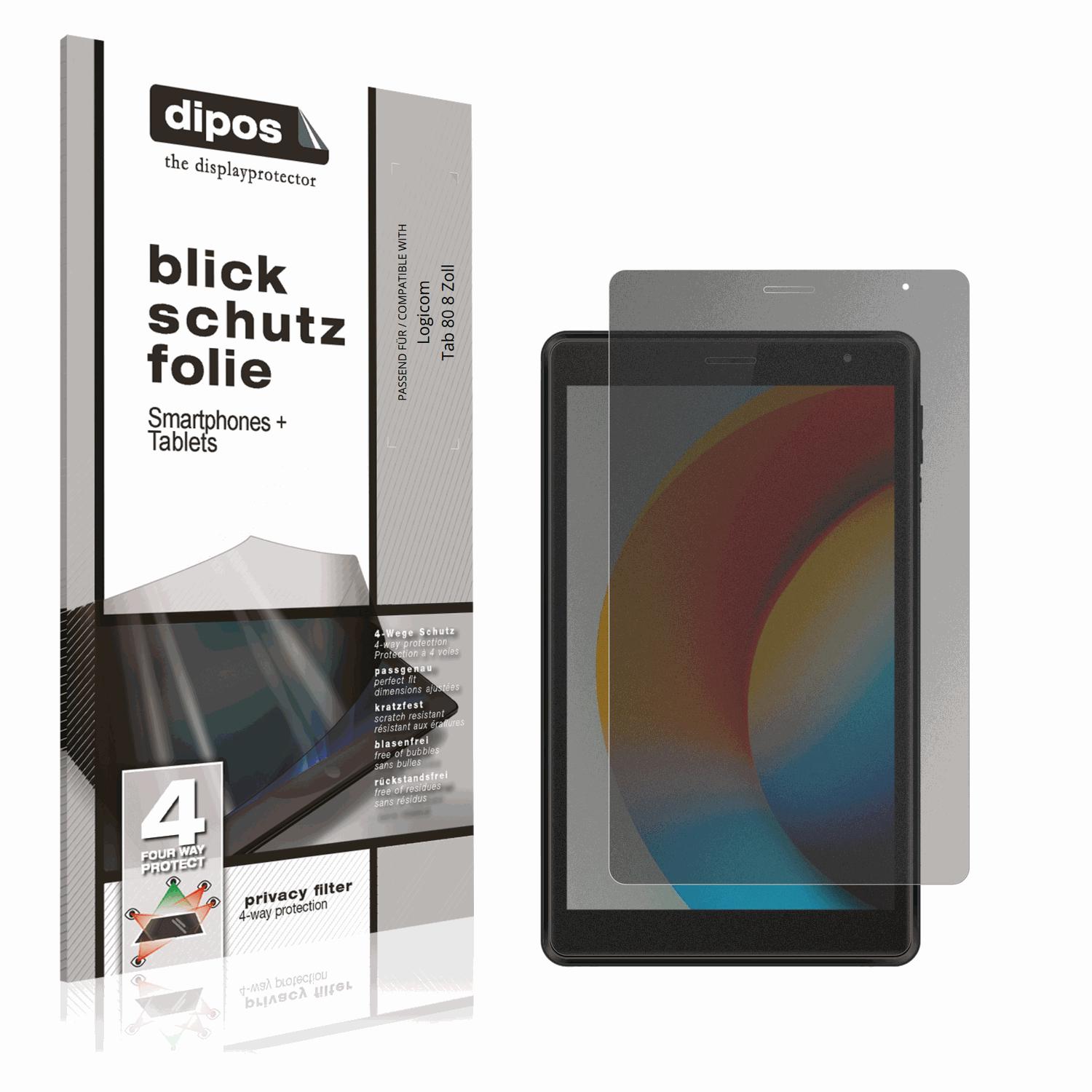 Blickschutzfolie von dipos passend für Logicom Tab 80 8 Zoll, präziser Zuschnitt und blasenfrei montiert