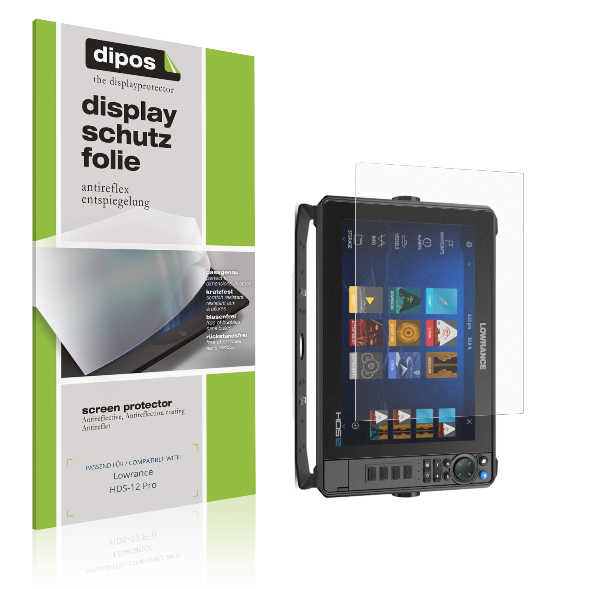 Matte Displayschutzfolie von dipos passend für lowrancehds-12 pro, präziser Zuschnitt und blasenfrei montiert