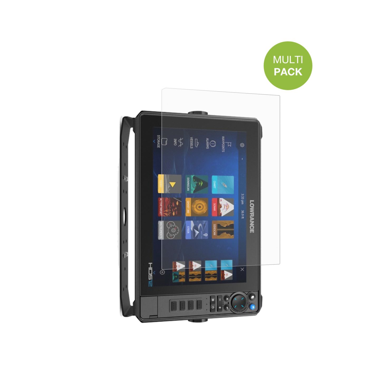 lowrancehds-12 pro mit aufgebrachter dipos Displayschutzfolie, die lästige Fingerabdrücke minimiert