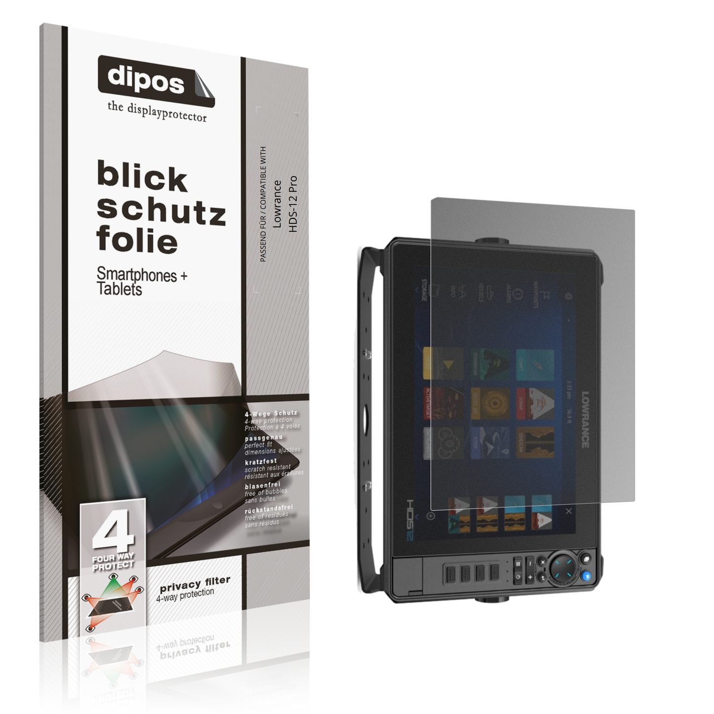 Blickschutzfolie von dipos passend für lowrancehds-12 pro, präziser Zuschnitt und blasenfrei montiert
