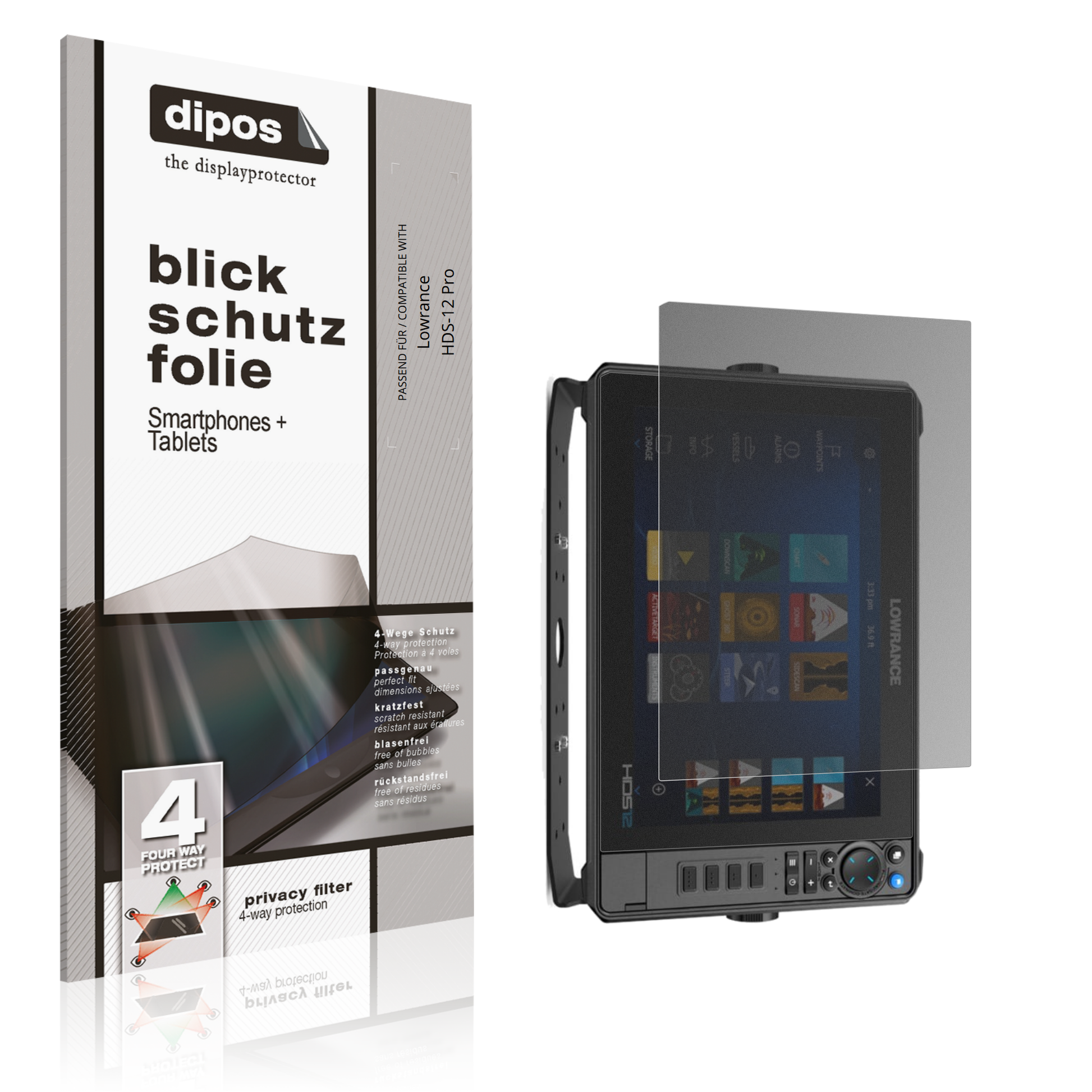 Blickschutzfolie von dipos passend für lowrancehds-12 pro, präziser Zuschnitt und blasenfrei montiert