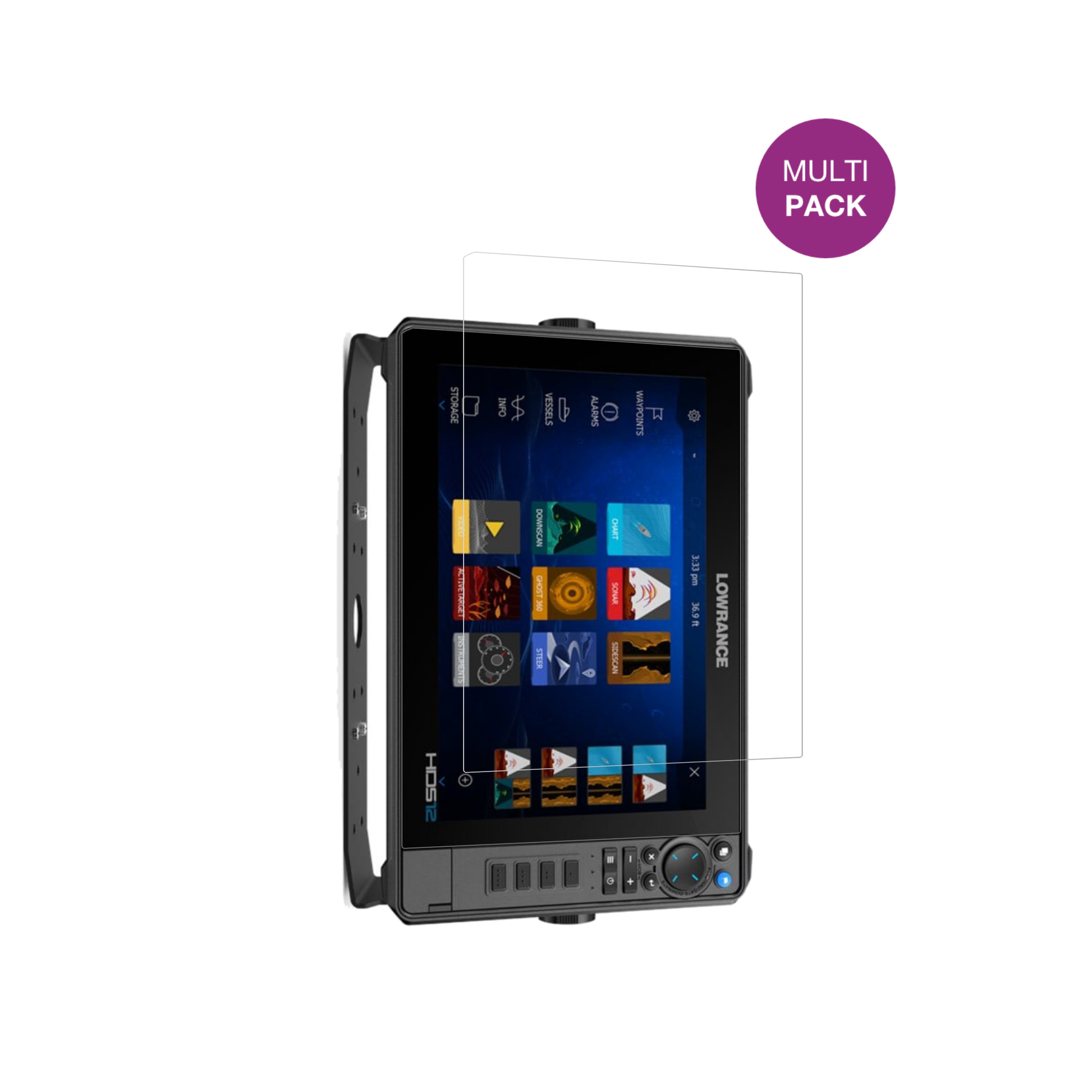 lowrancehds-12 pro mit aufgebrachter dipos Displayschutzfolie, glasklare Darstellung ohne Einschränkungen