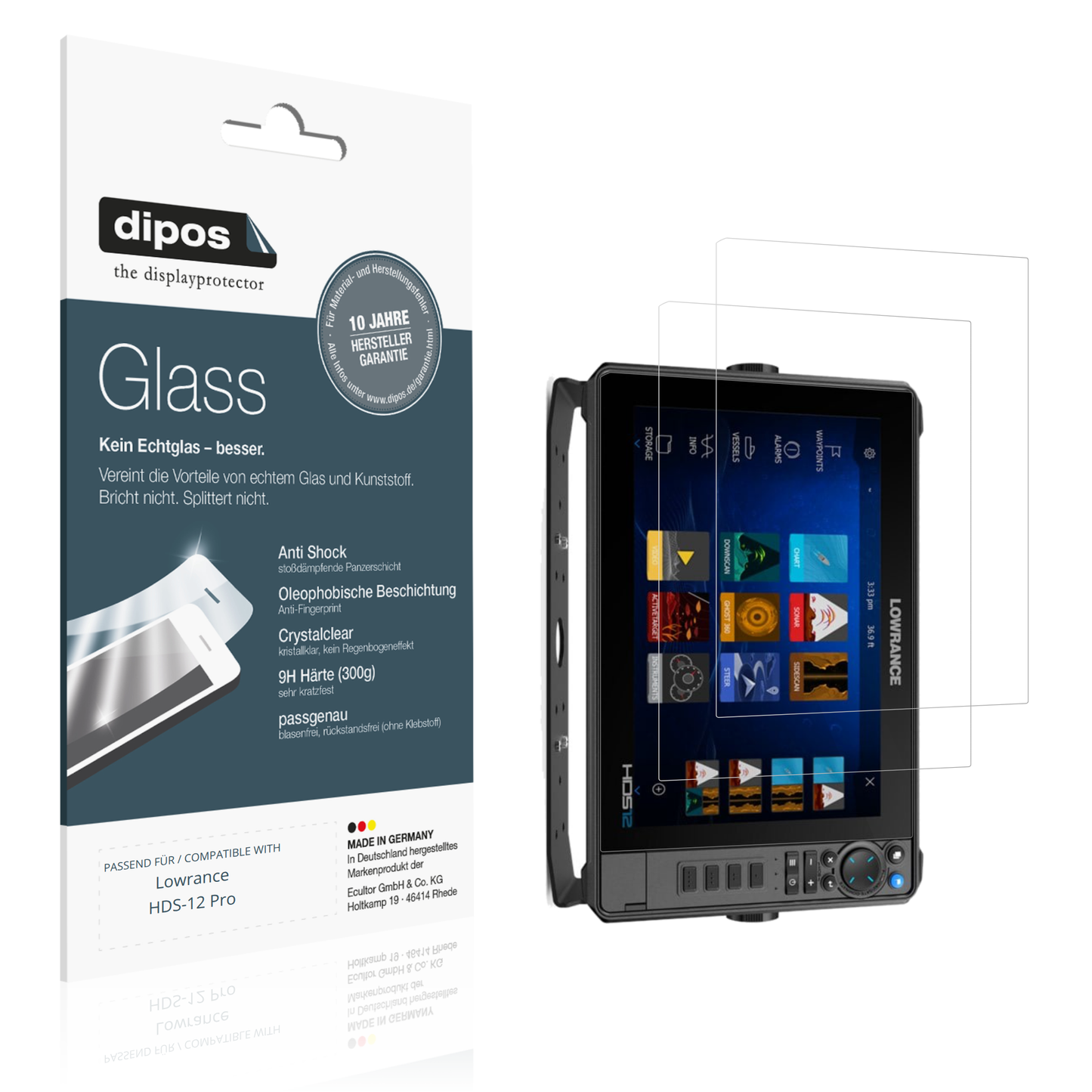 Klare Displayschutzfolie von dipos passend für lowrancehds-12 pro, 9H kratzfest und blasenfrei montiert