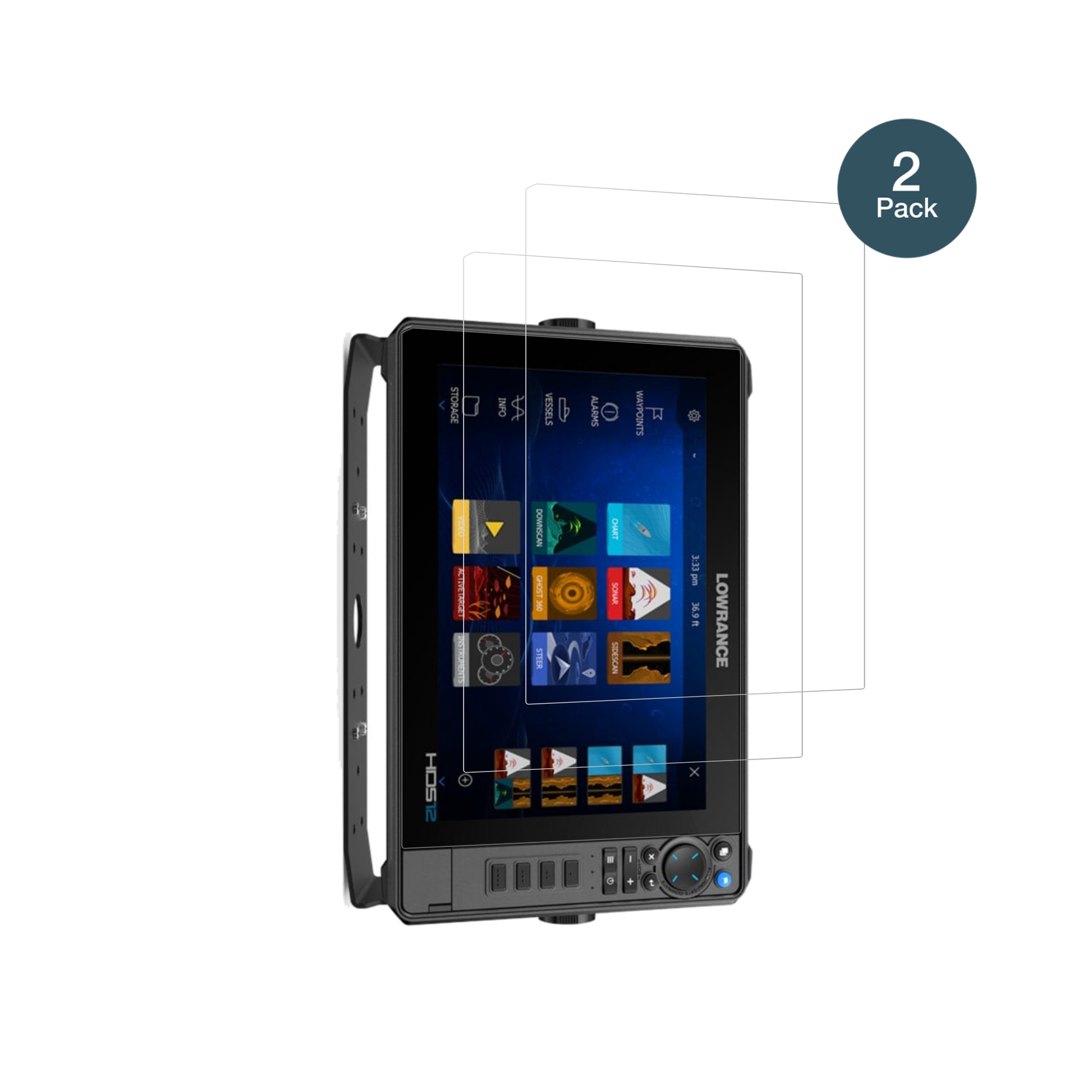 lowrancehds-12 pro mit aufgebrachter dipos Flex Schutzfolie, glasklare Darstellung ohne Einschränkungen