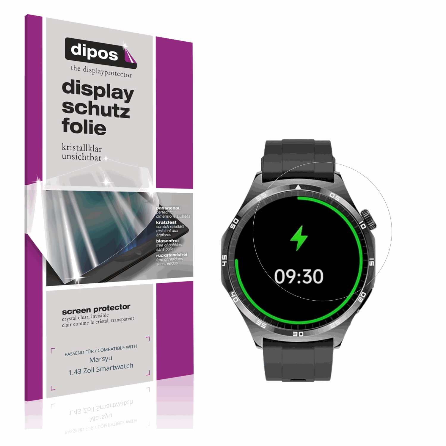 Klare Displayschutzfolie von dipos passend für marsyu1.43 zoll smartwatch, präziser Zuschnitt und blasenfrei montiert