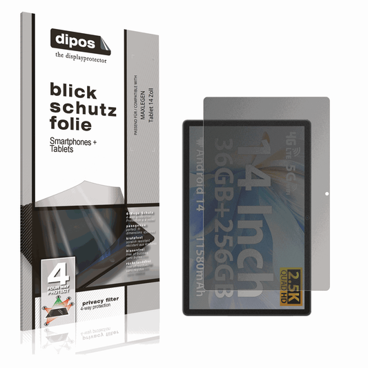 Blickschutzfolie von dipos passend für MAXLEGEN Tablet 14 Zoll, präziser Zuschnitt und blasenfrei montiert