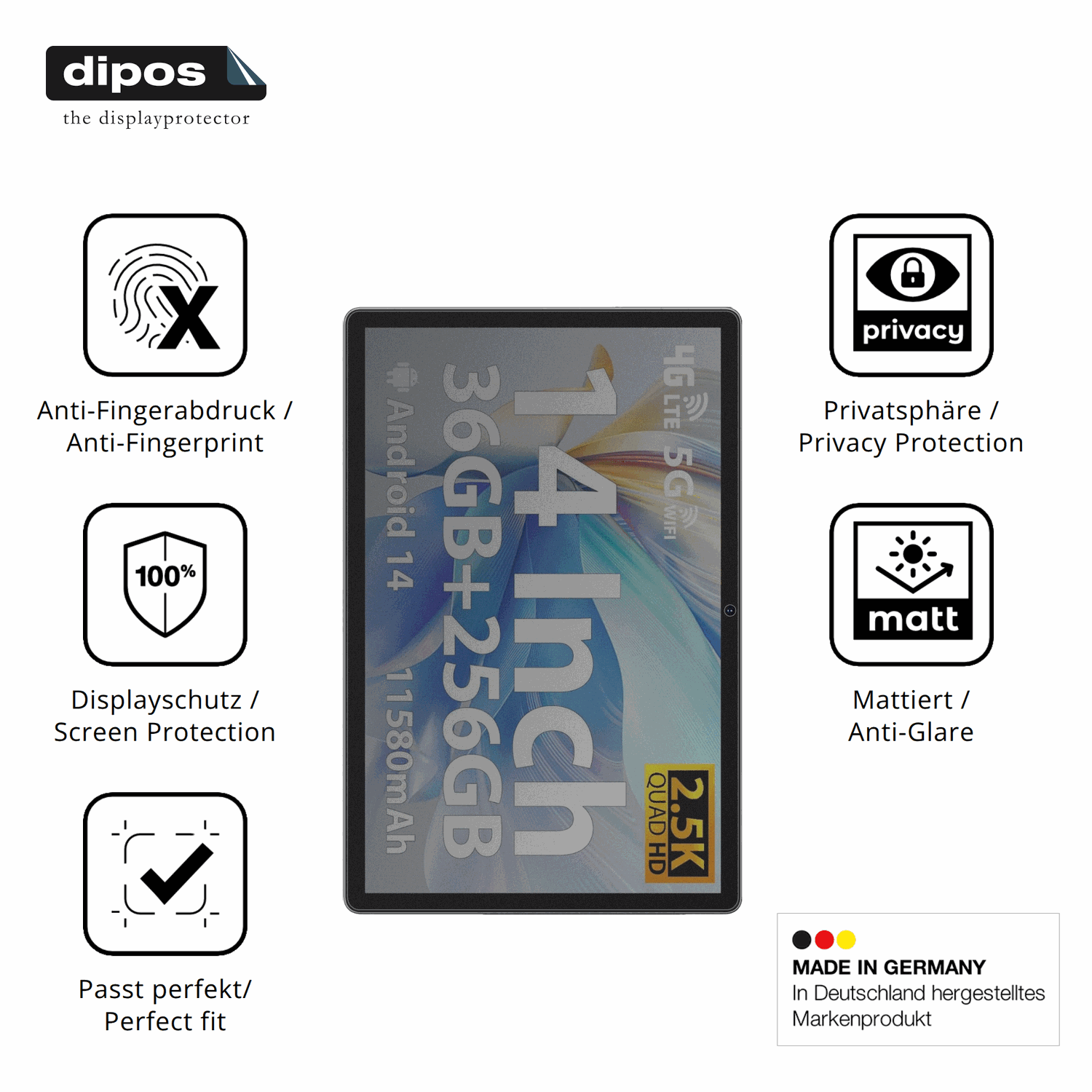 Privatsphäre-Schutz durch Sichtschutz-Folie passend zugeschnitten für MAXLEGEN Tablet 14 Zoll