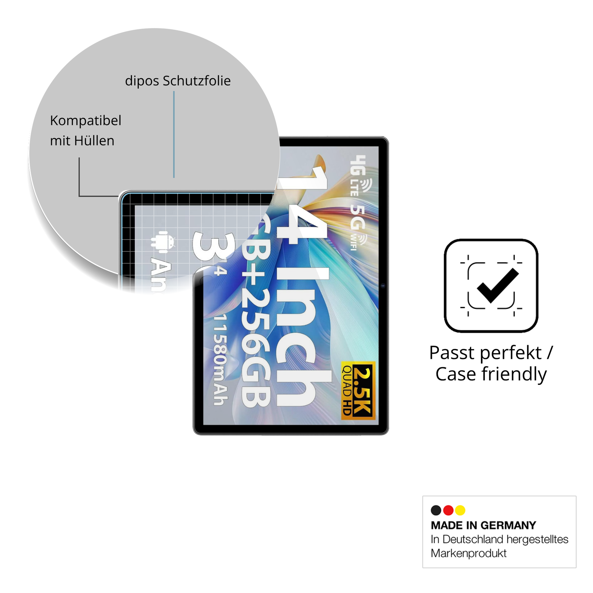 Schutzfolie mit optimaler Passform, zur Verwendung mit Hüllen geeignet