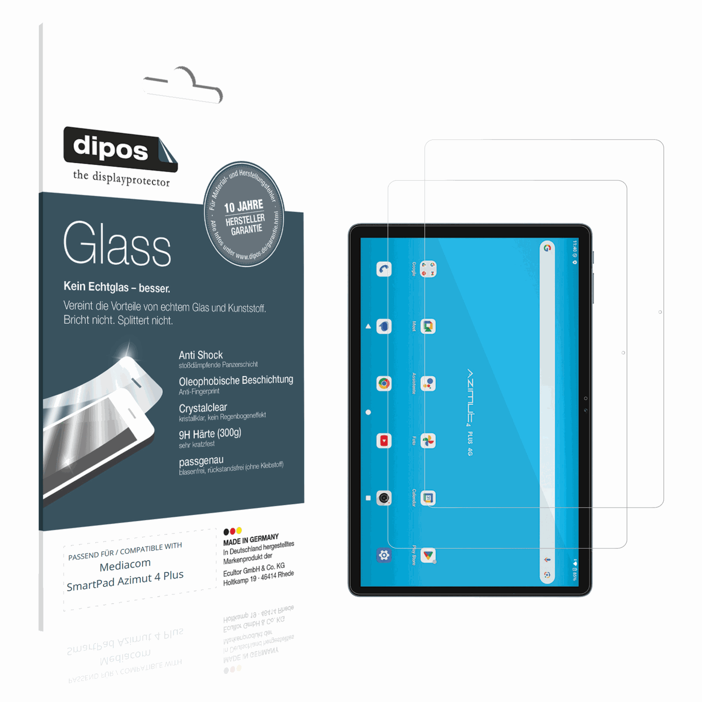 Klare Displayschutzfolie von dipos passend für Mediacom SmartPad Azimut 4 Plus, 9H kratzfest und blasenfrei montiert