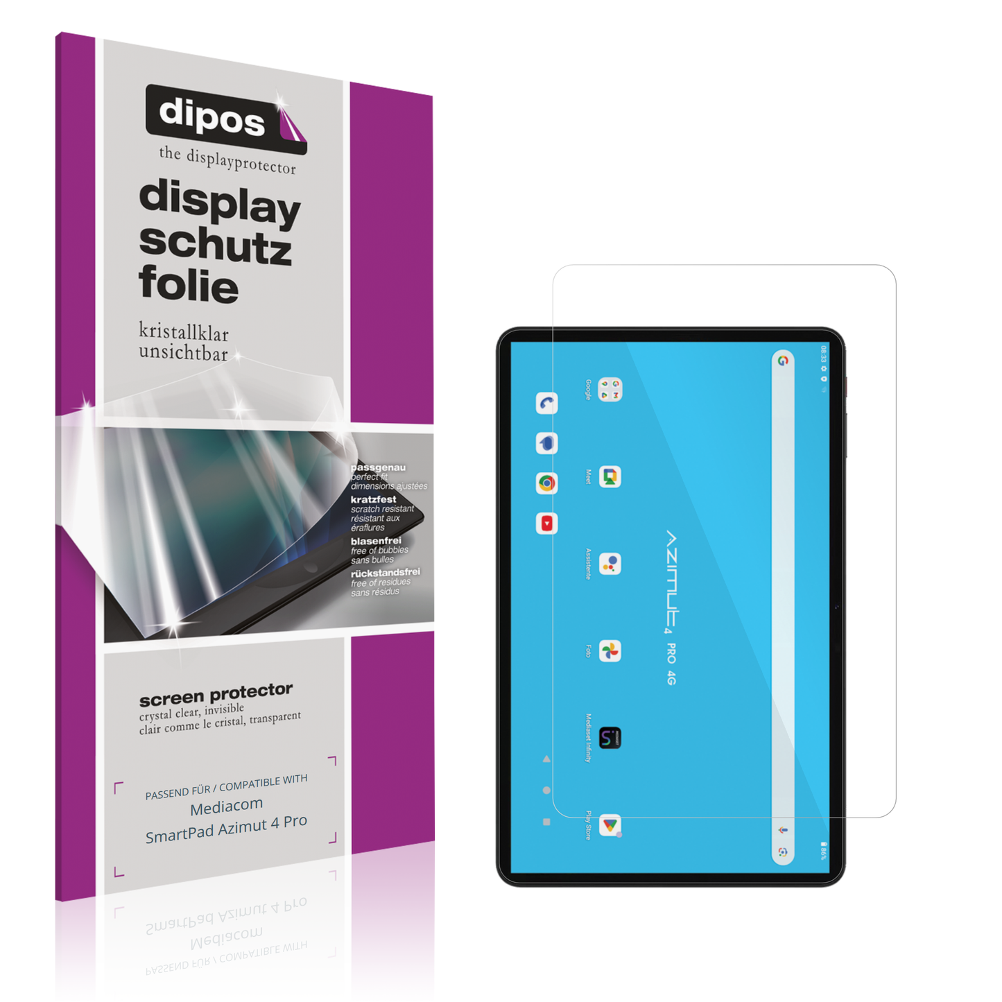 Klare Displayschutzfolie von dipos passend für Mediacom SmartPad Azimut 4 Pro, präziser Zuschnitt und blasenfrei montiert