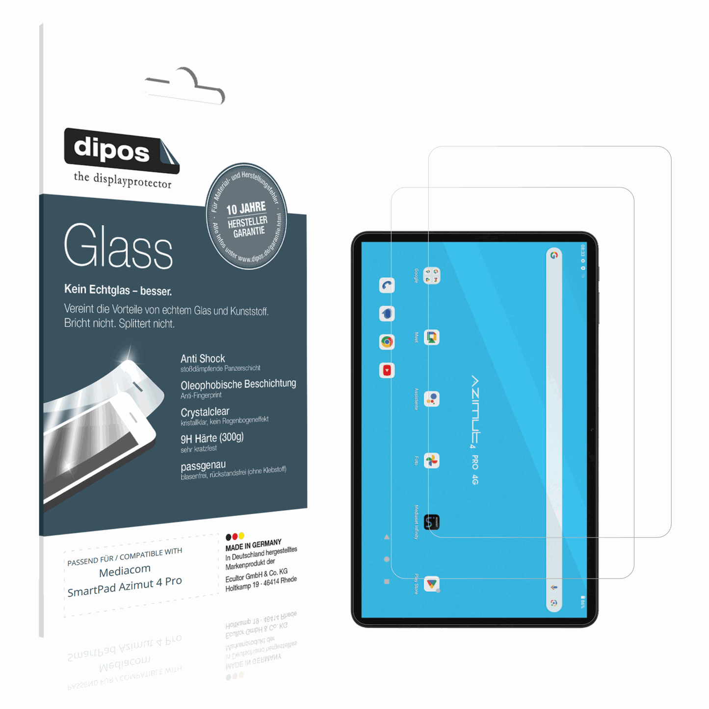Klare Displayschutzfolie von dipos passend für Mediacom SmartPad Azimut 4 Pro, 9H kratzfest und blasenfrei montiert