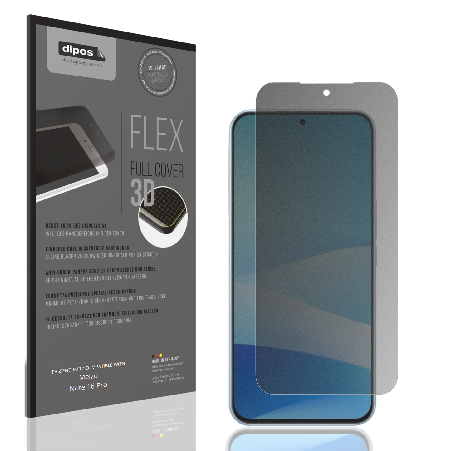 Blickschutzfolie von dipos passend für Meizu Note 16 Pro, 100% Displayabdeckung und blasenfreie Montage