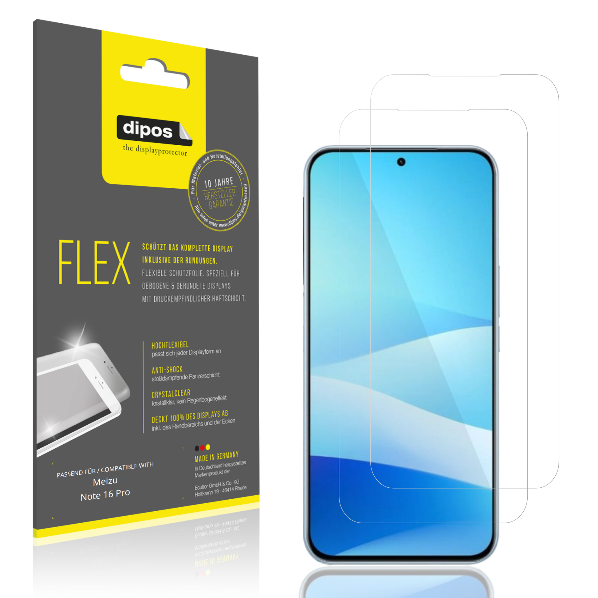 Klare Displayschutzfolie von dipos passend für Meizu Note 16 Pro, 100% Displayabdeckung und blasenfreie Montage