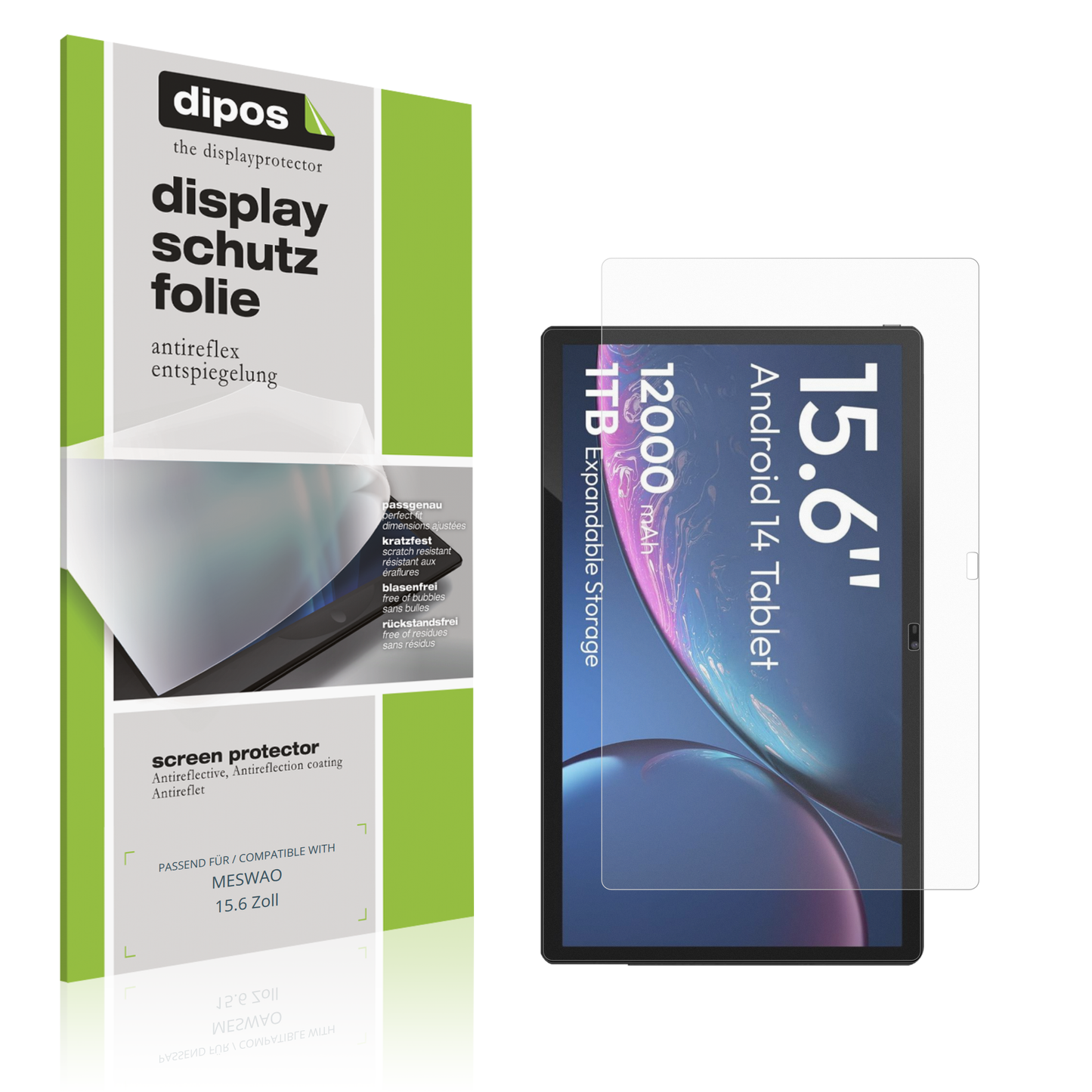 Matte Displayschutzfolie von dipos passend für meswao15.6 zoll, präziser Zuschnitt und blasenfrei montiert