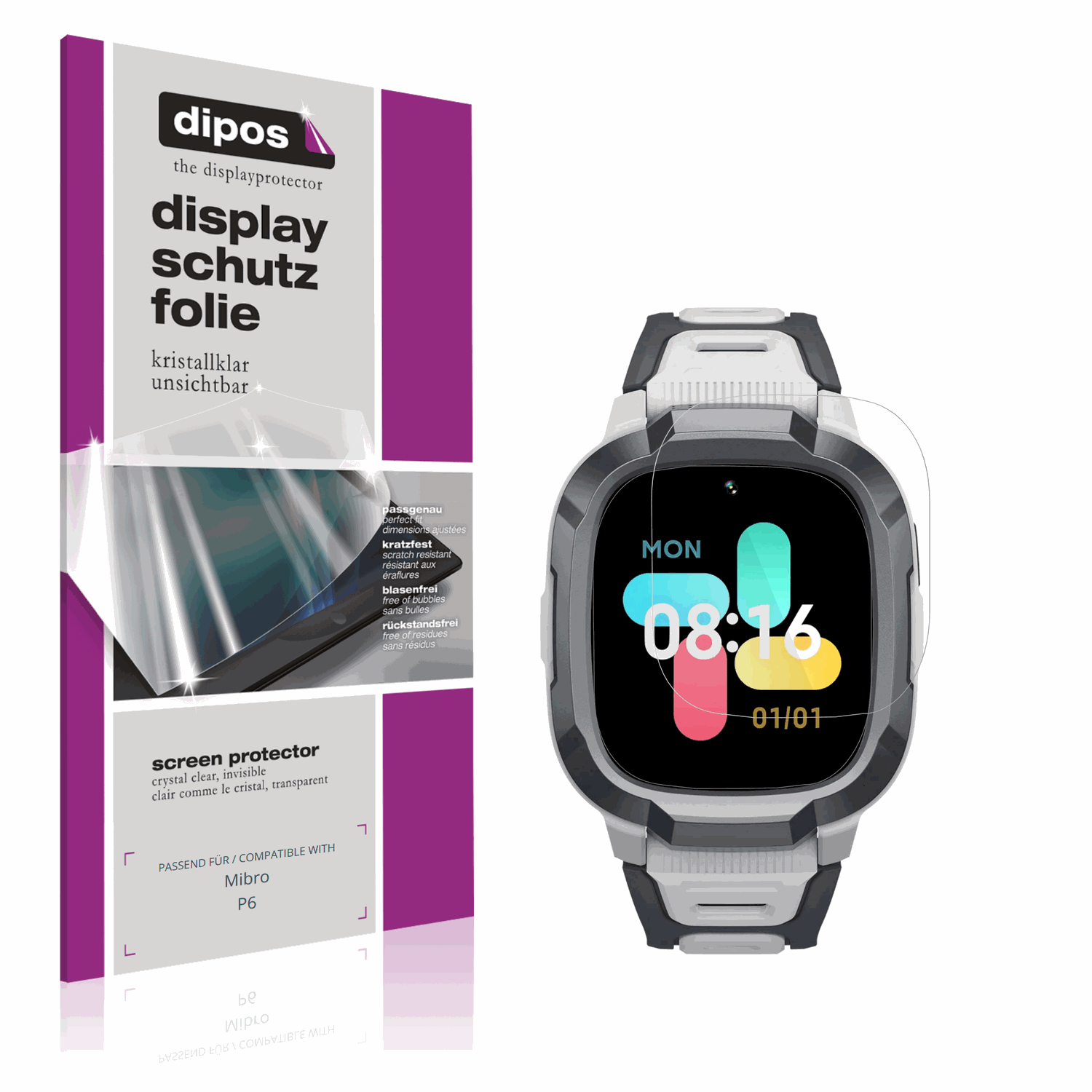 Klare Displayschutzfolie von dipos passend für mibrop6, präziser Zuschnitt und blasenfrei montiert