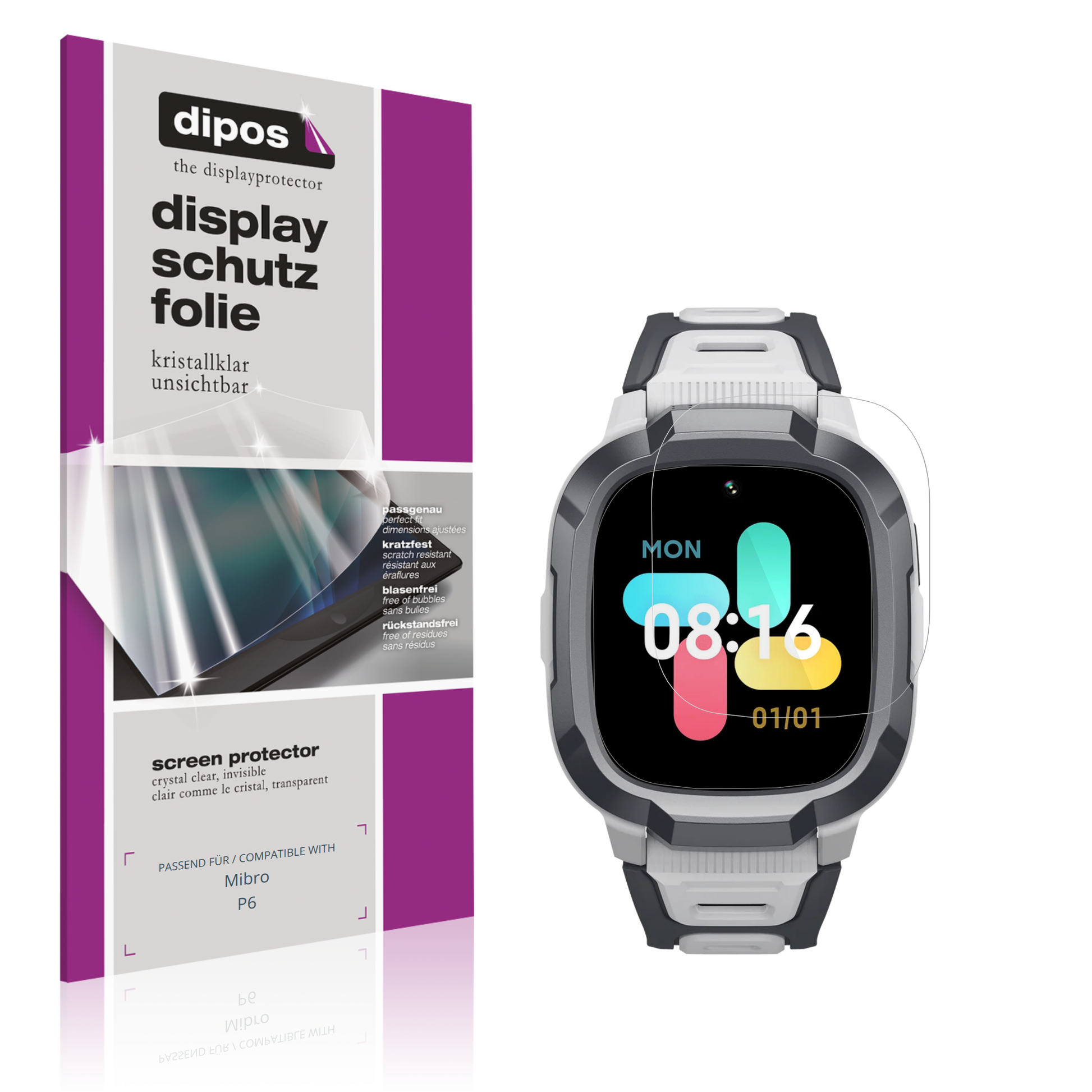 Klare Displayschutzfolie von dipos passend für mibrop6, präziser Zuschnitt und blasenfrei montiert