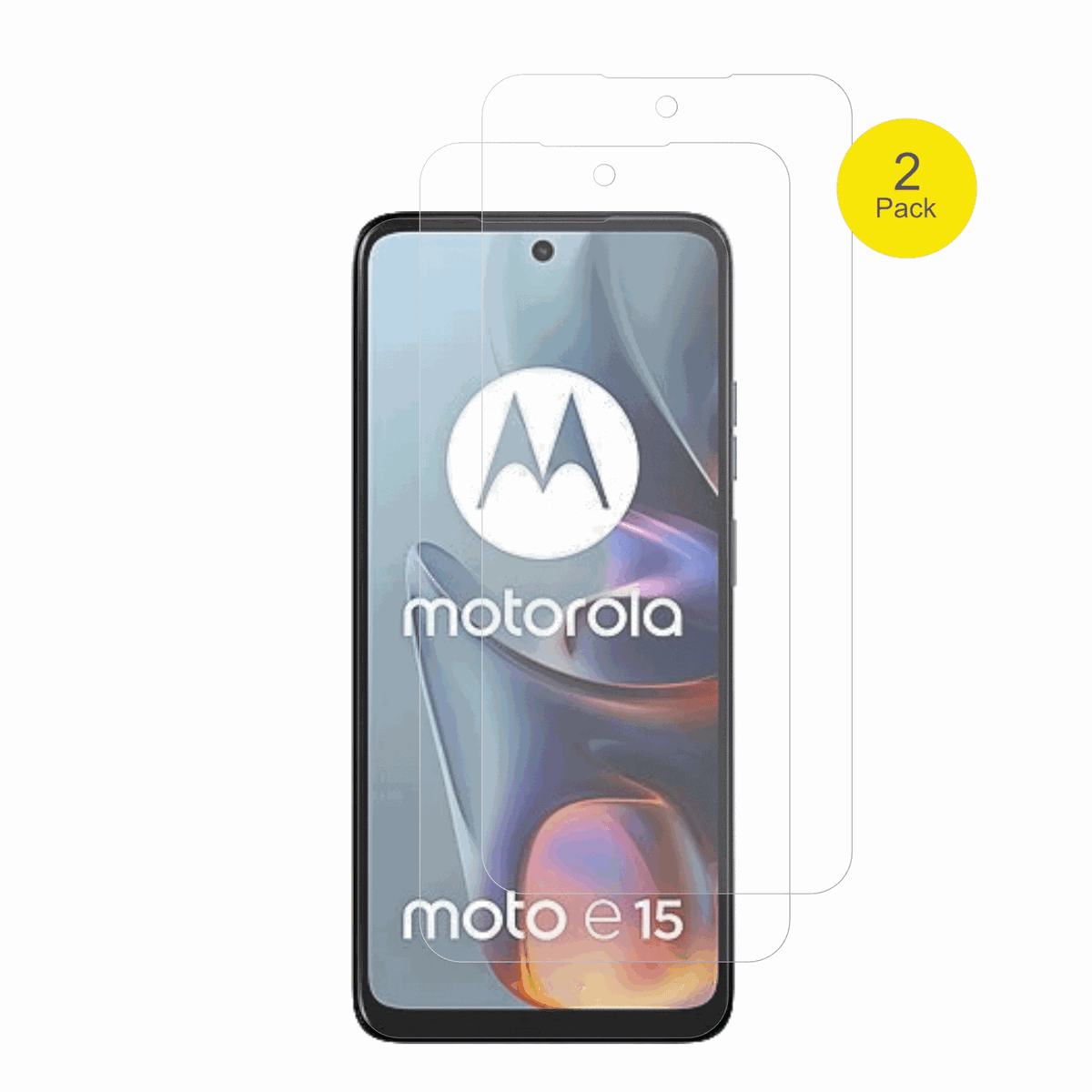 MotorolaE15 mit aufgebrachter dipos Flex Schutzfolie, glasklare Darstellung ohne Einschränkungen