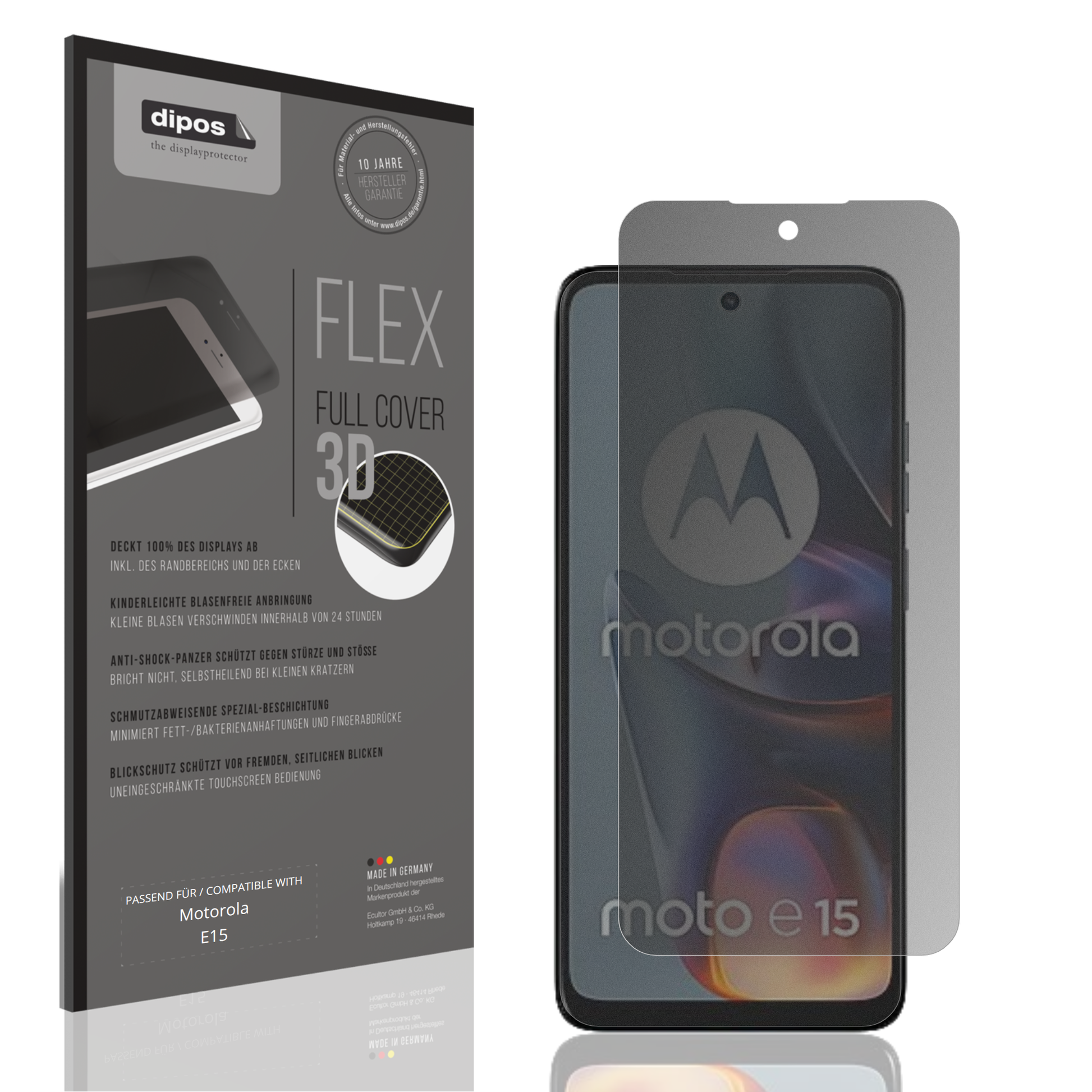 Blickschutzfolie von dipos passend für Motorola E15, 100% Displayabdeckung und blasenfreie Montage