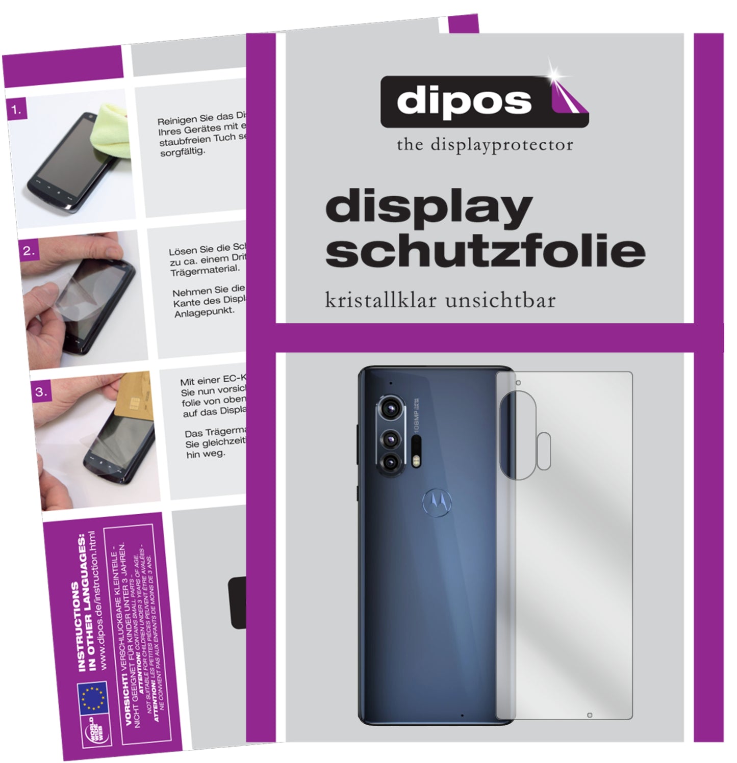 Klare Displayschutzfolie von dipos passend für Motorola Edge Plus Rückseite, präziser Zuschnitt und blasenfrei montiert