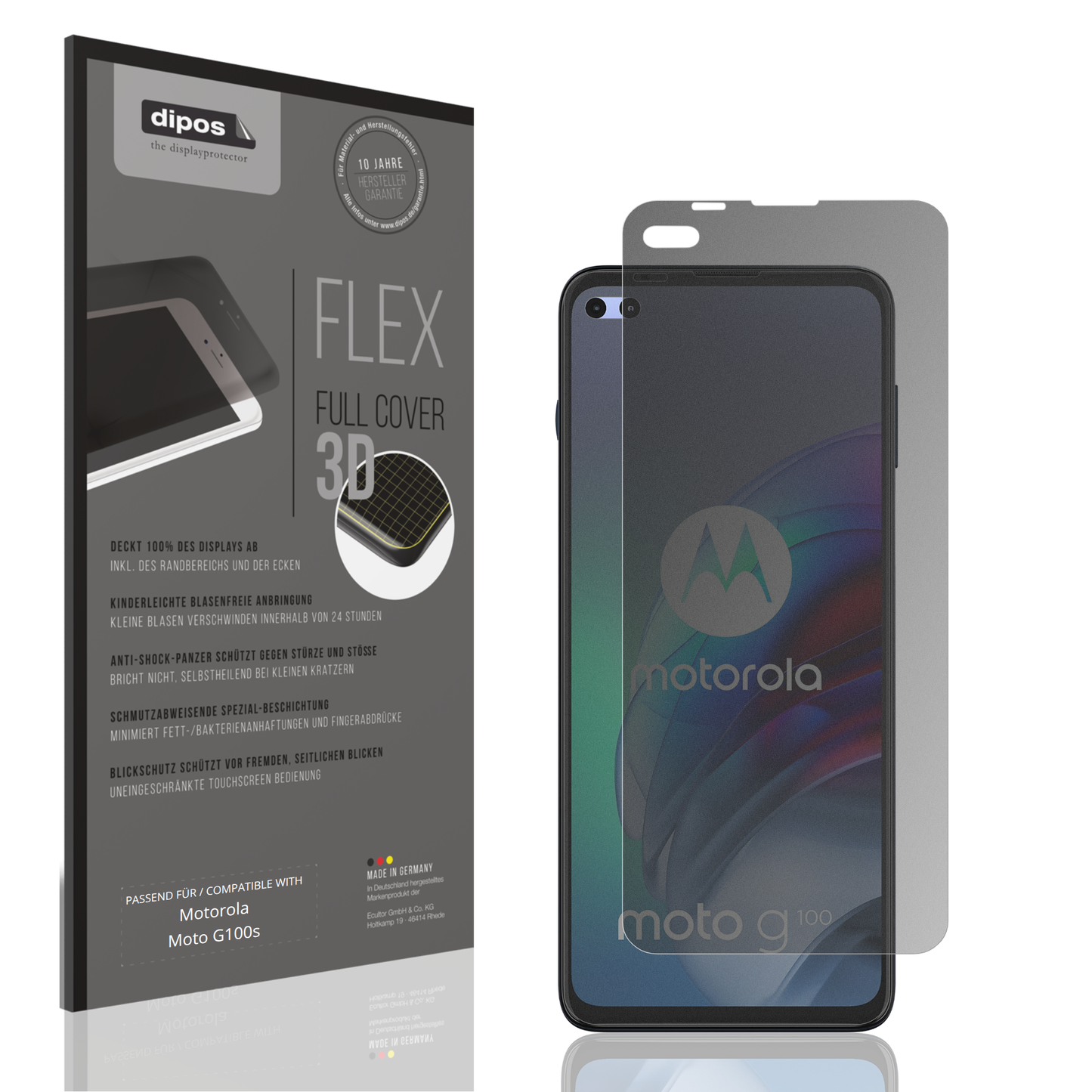 Blickschutzfolie von dipos passend für motorolamoto g100s, 100% Displayabdeckung und blasenfreie Montage