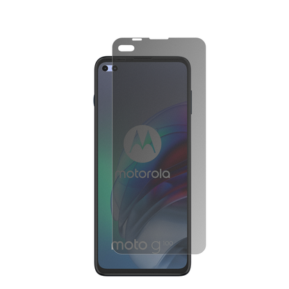 motorolamoto g100s mit aufgebrachter dipos Flex Schutzfolie, die seitliche Einblicke blockiert