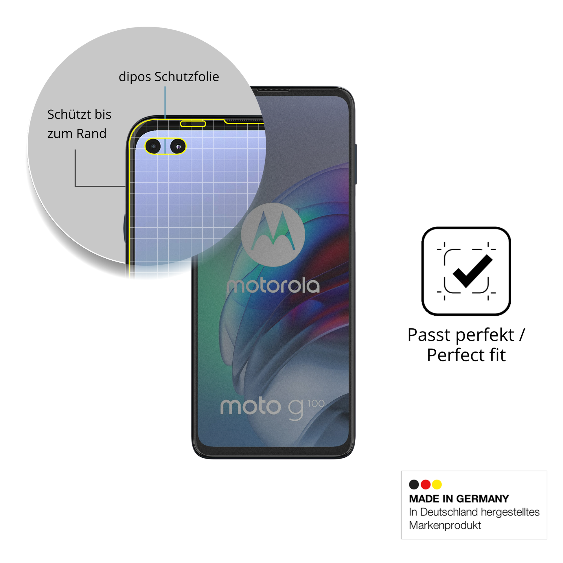 Schutz gegen Kratzer auf dem motorolamoto g100s Glas durch Schlüssel, Stöße gegen die Tischkante oder Stürze
