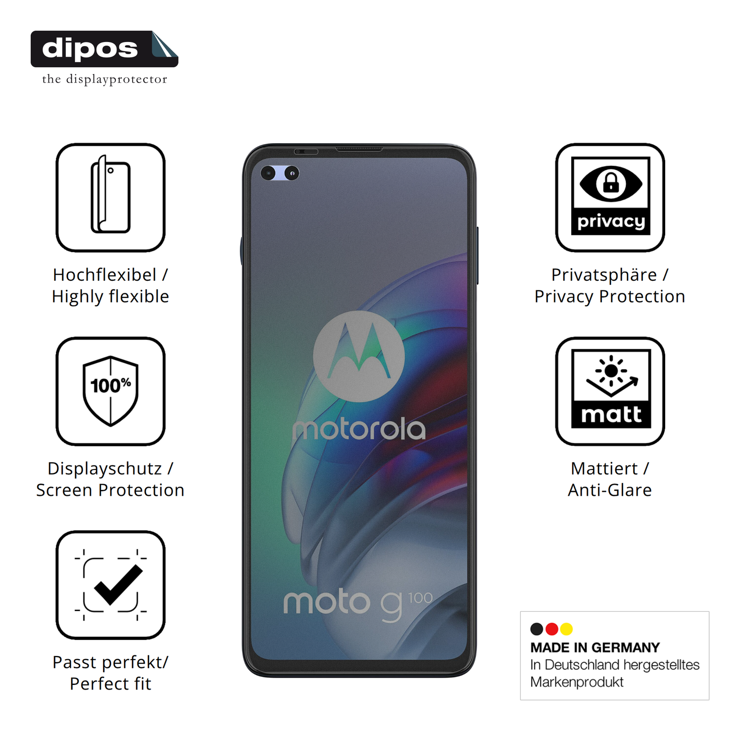 Flexible TPU-Folie passend zugeschnitten für motorolamoto g100s, mit Privatsphäre-Schutz durch Sichtschutz-Folie