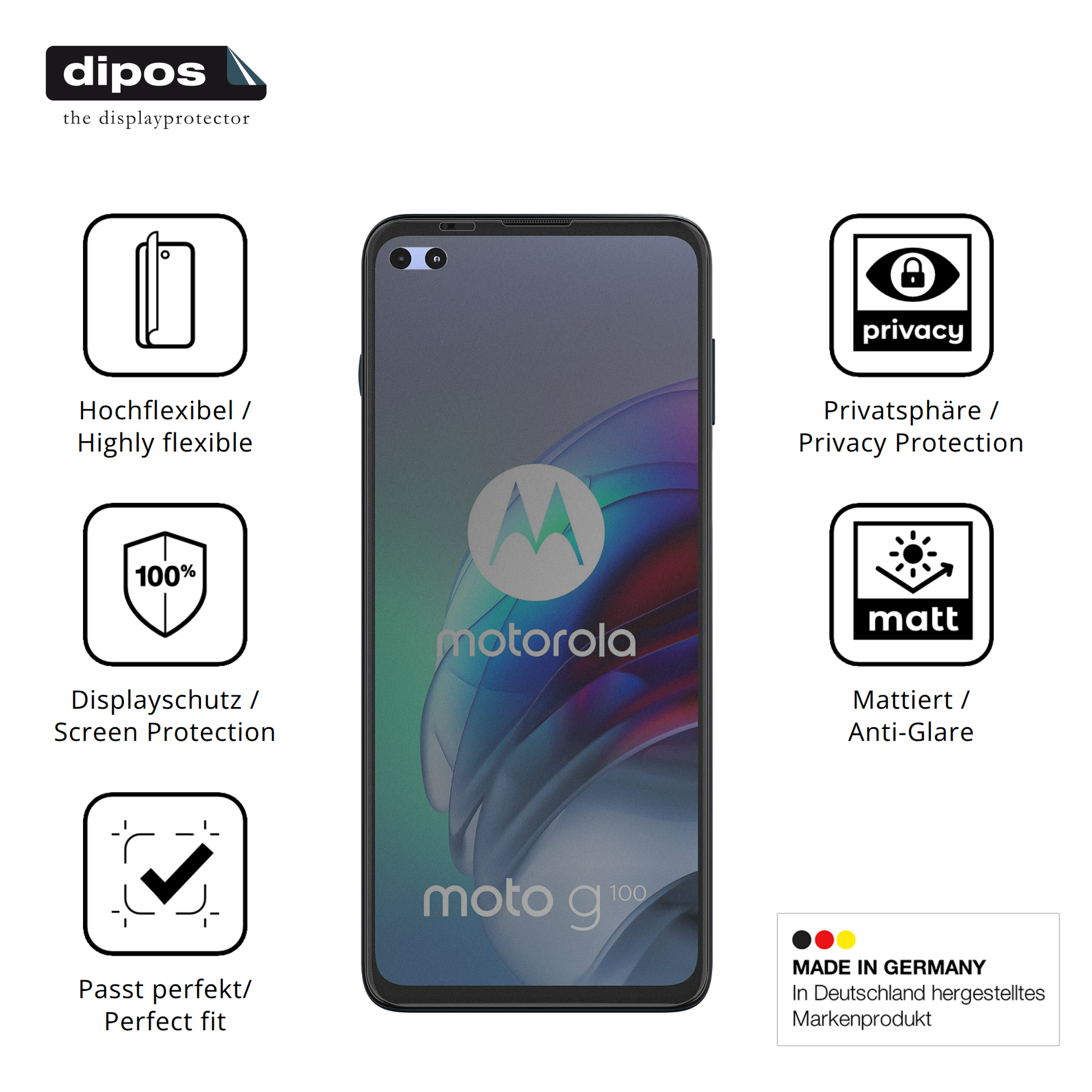 Flexible TPU-Folie passend zugeschnitten für motorolamoto g100s, mit Privatsphäre-Schutz durch Sichtschutz-Folie