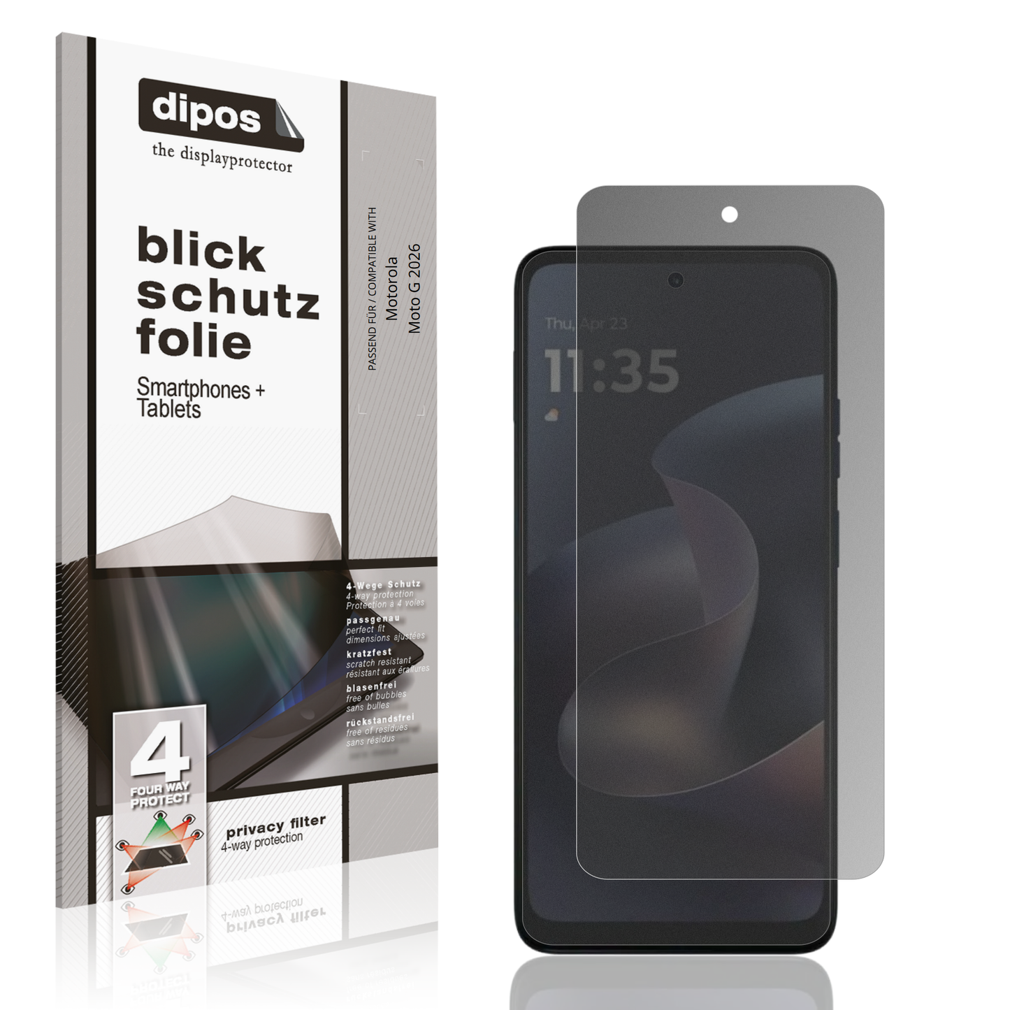 Blickschutzfolie von dipos passend für motorolamoto g 2026, präziser Zuschnitt und blasenfrei montiert