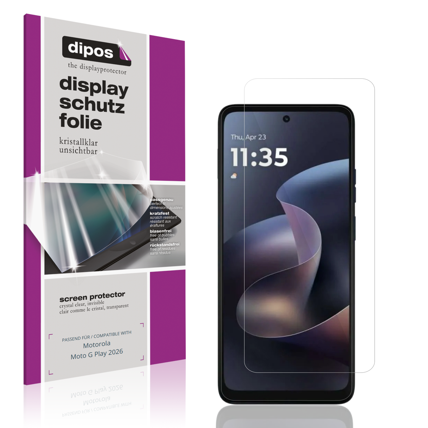 Klare Displayschutzfolie von dipos passend für motorolamoto g play 2026, präziser Zuschnitt und blasenfrei montiert