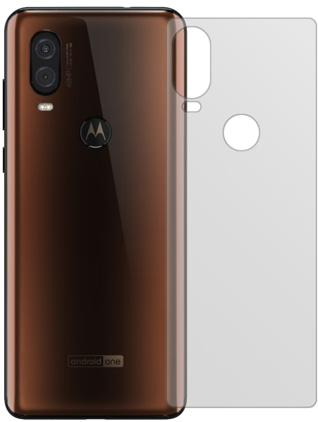 MotorolaOne Vision Rückseite mit aufgebrachter dipos Displayschutzfolie, die lästige Fingerabdrücke minimiert