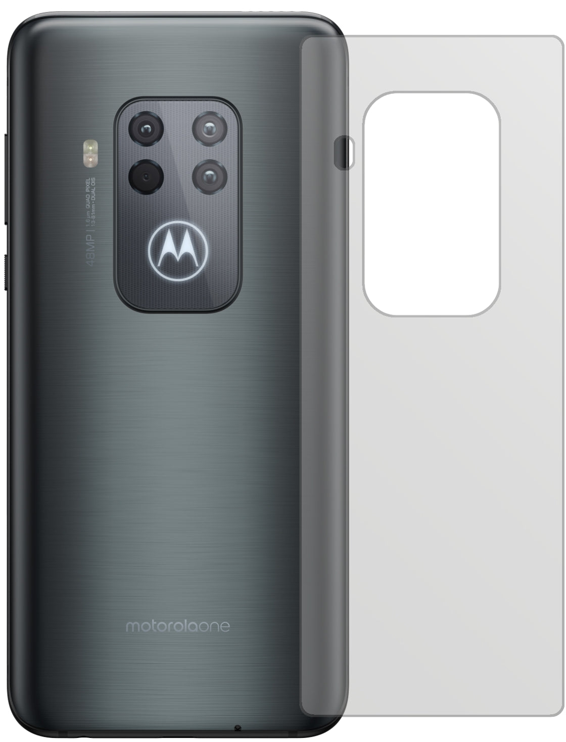 MotorolaOne Zoom Rückseite mit aufgebrachter dipos Displayschutzfolie, die lästige Fingerabdrücke minimiert