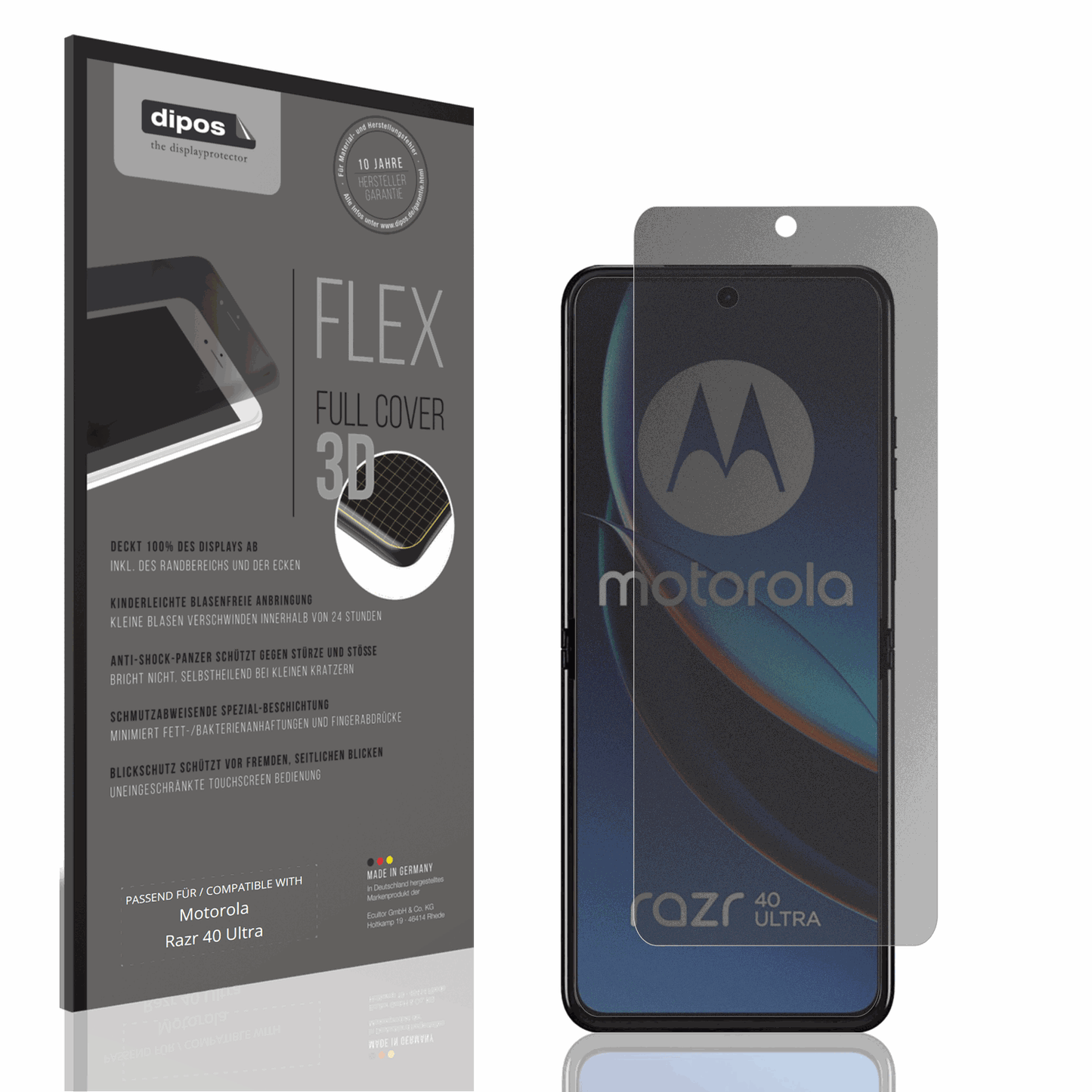 Blickschutzfolie von dipos passend für Motorola Razr 40 Ultra, 100% Displayabdeckung und blasenfreie Montage