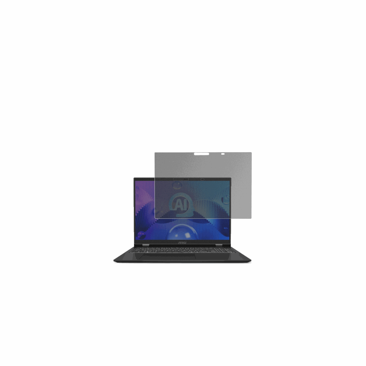 msiprestige 16 ai evo b1m mit aufgebrachtem dipos Displayschutz, der seitliche Einblicke blockiert