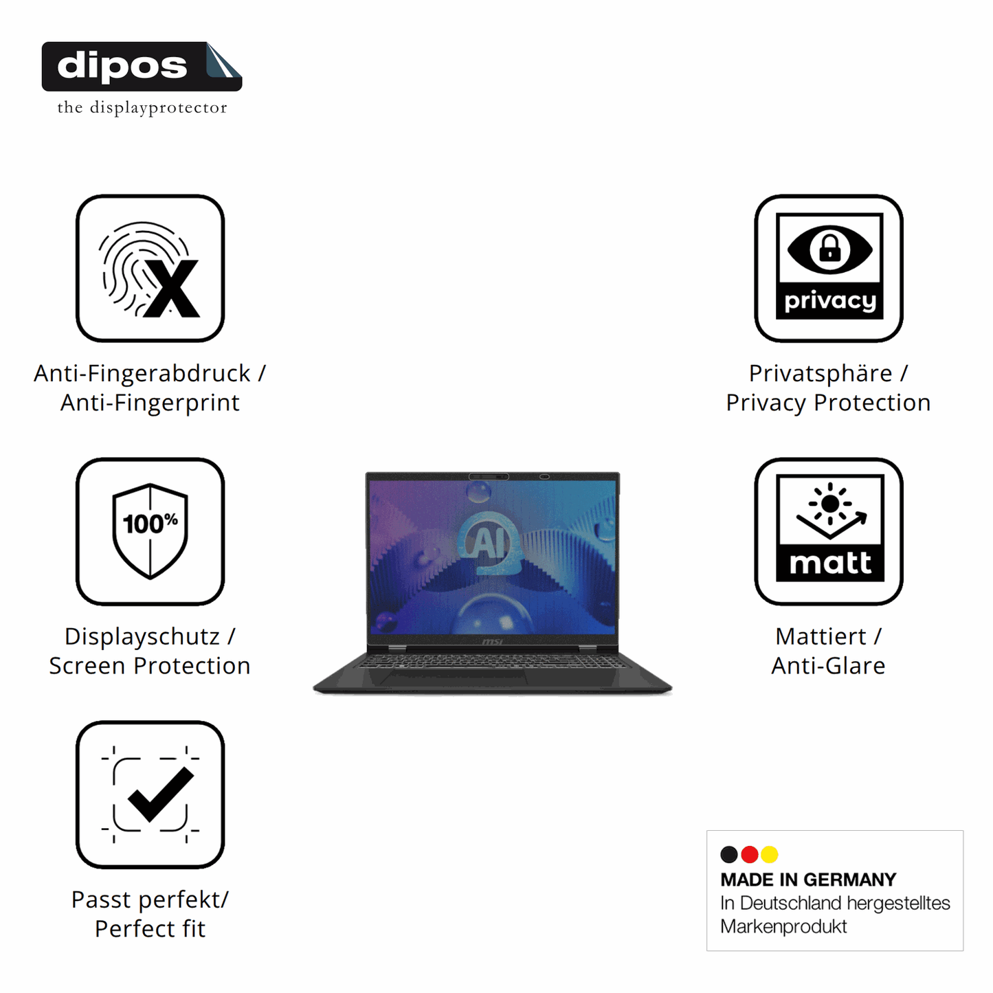 Privatsphäre-Schutz durch Sichtschutz-Folie passend zugeschnitten für msiprestige 16 ai evo b1m
